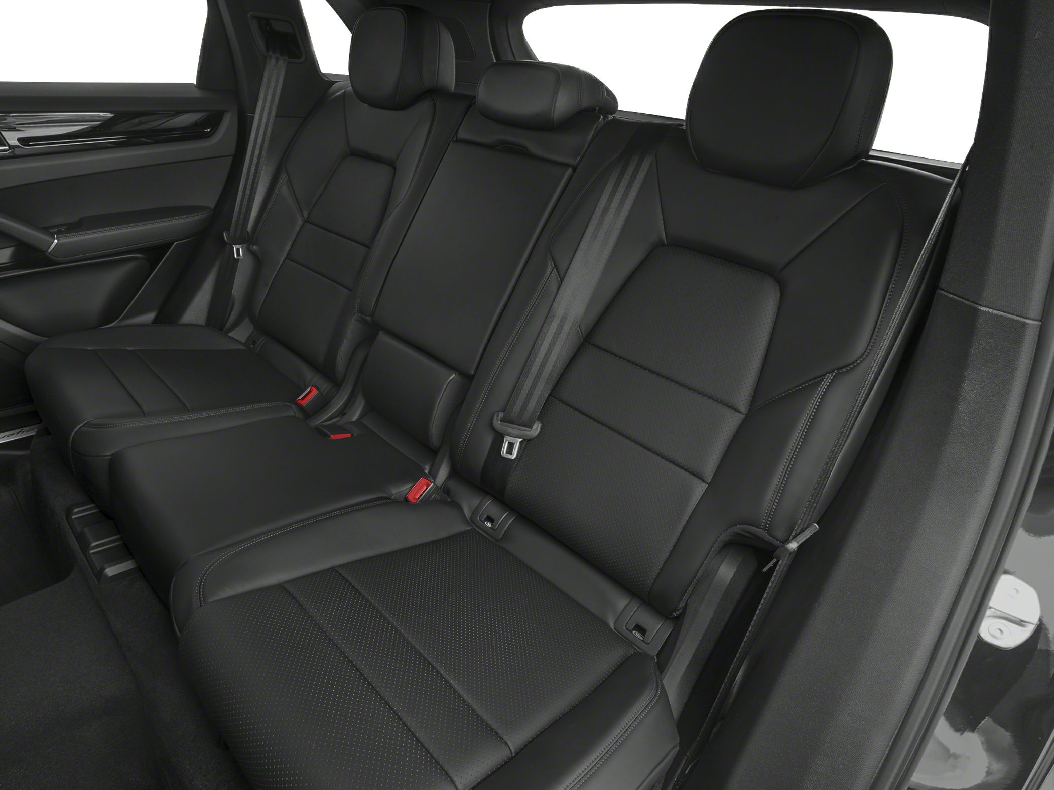 Black leather rear seats with seat belts and perforated upholstery