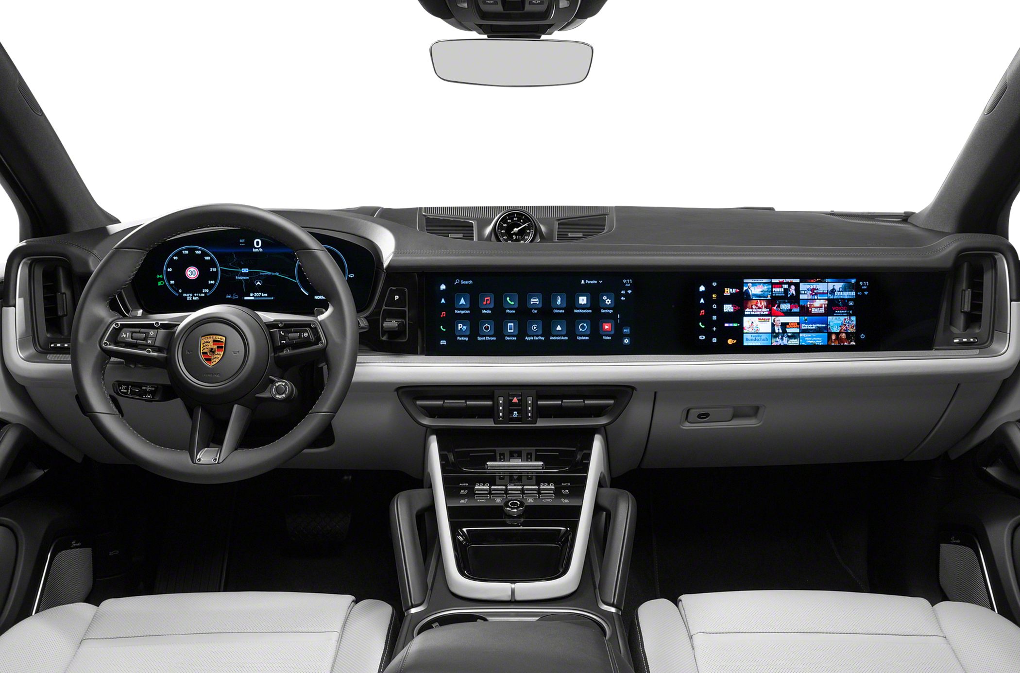 Digital dashboard with dual wide infotainment screens and modern steering wheel controls