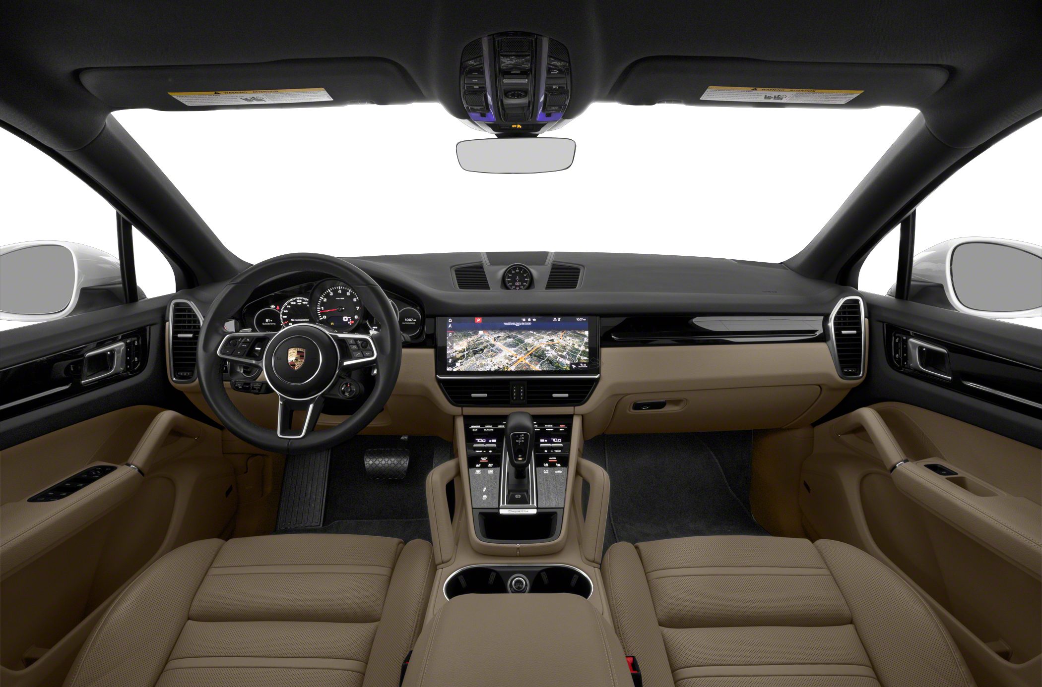 Luxury SUV interior with steering wheel controls and large infotainment screen
