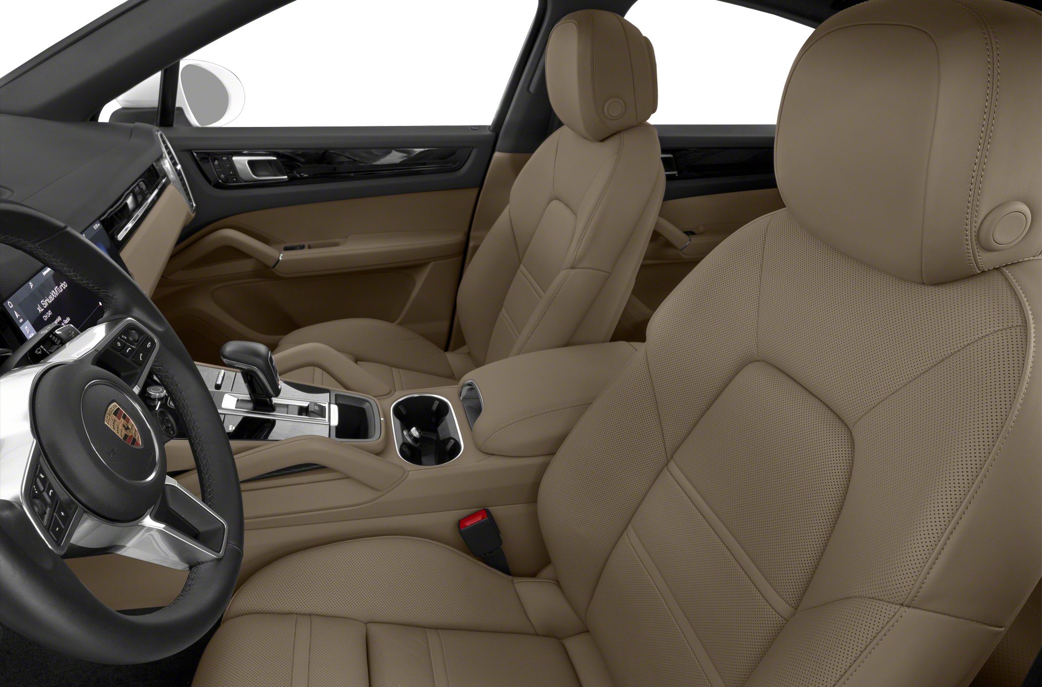 Beige leather seats and modern car interior with advanced dashboard
