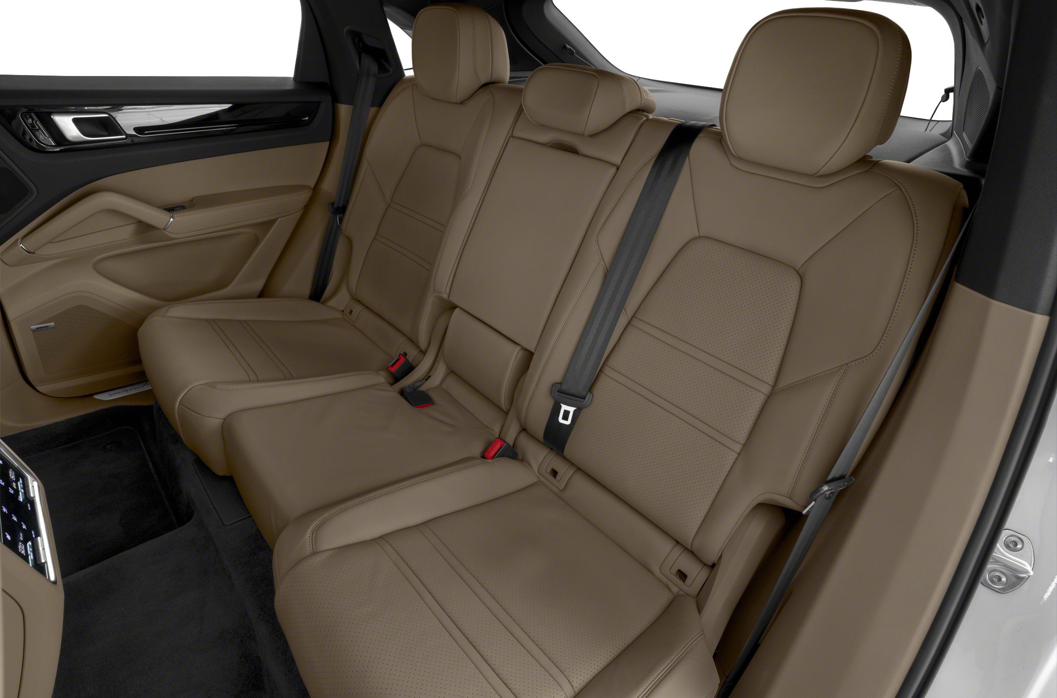 Luxury rear tan leather seats with adjustable headrests and seat belts