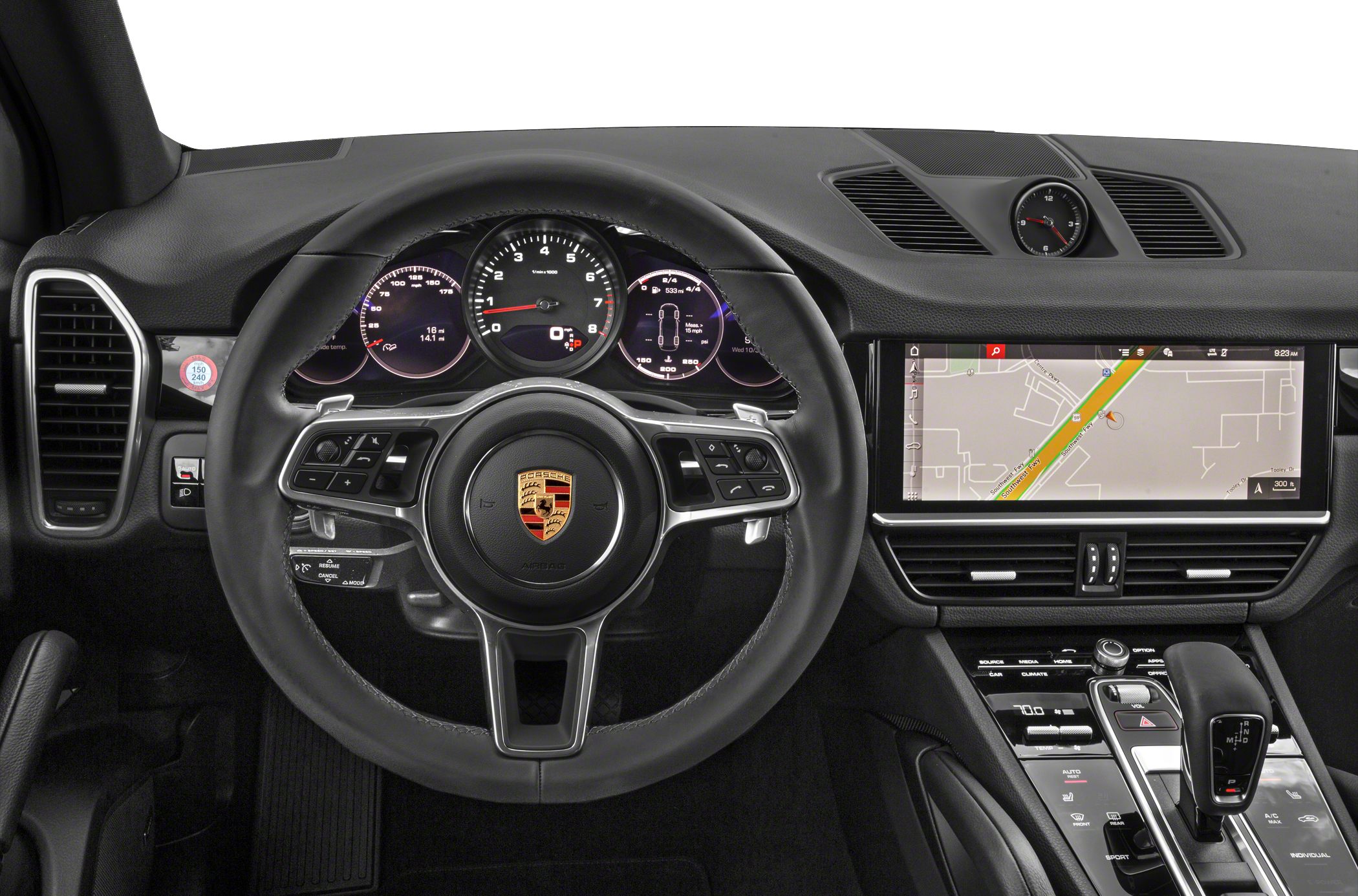 Digital dashboard, steering wheel controls, touchscreen, center console