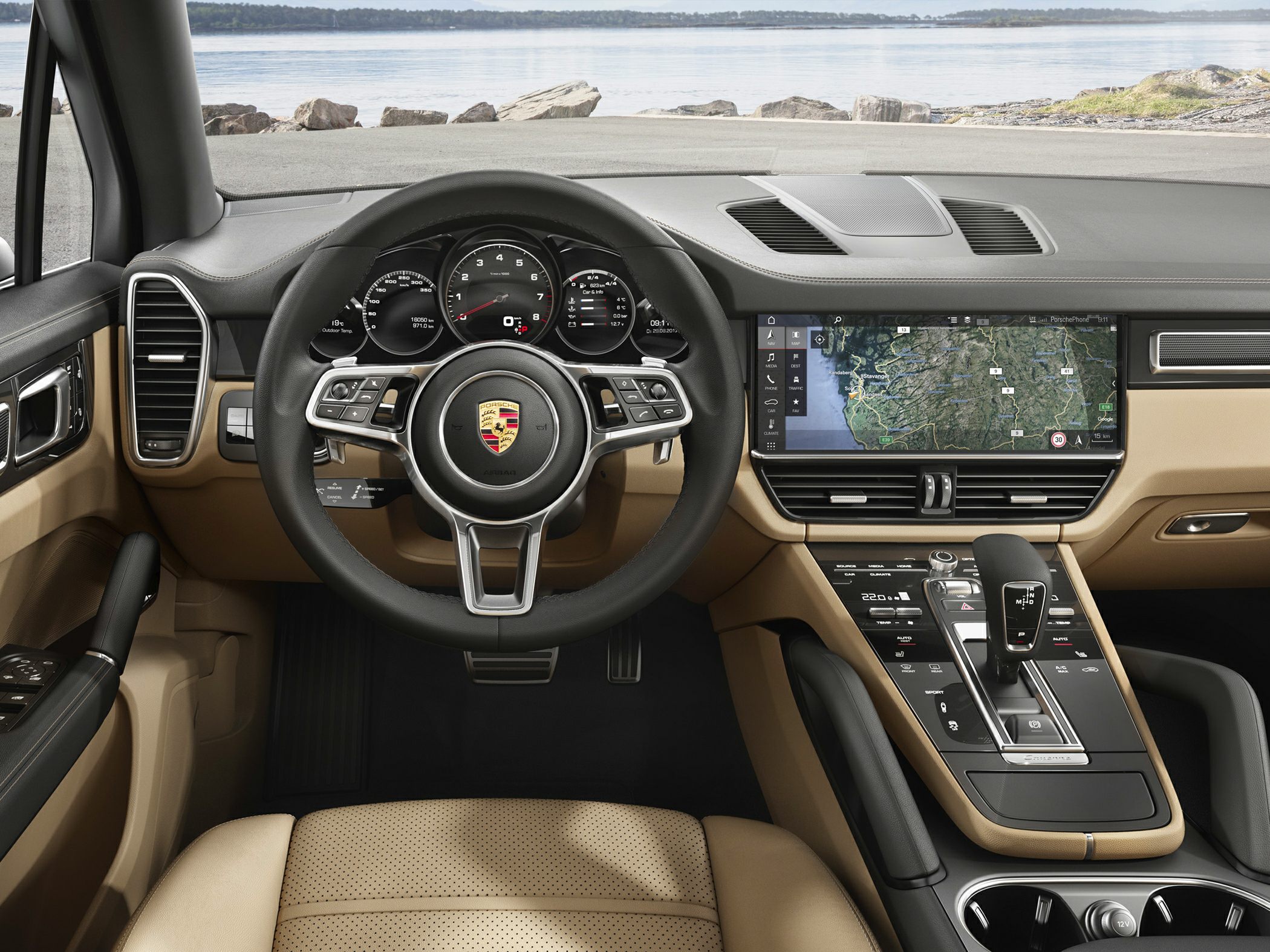 Luxury interior with digital dashboard and touchscreen navigation system