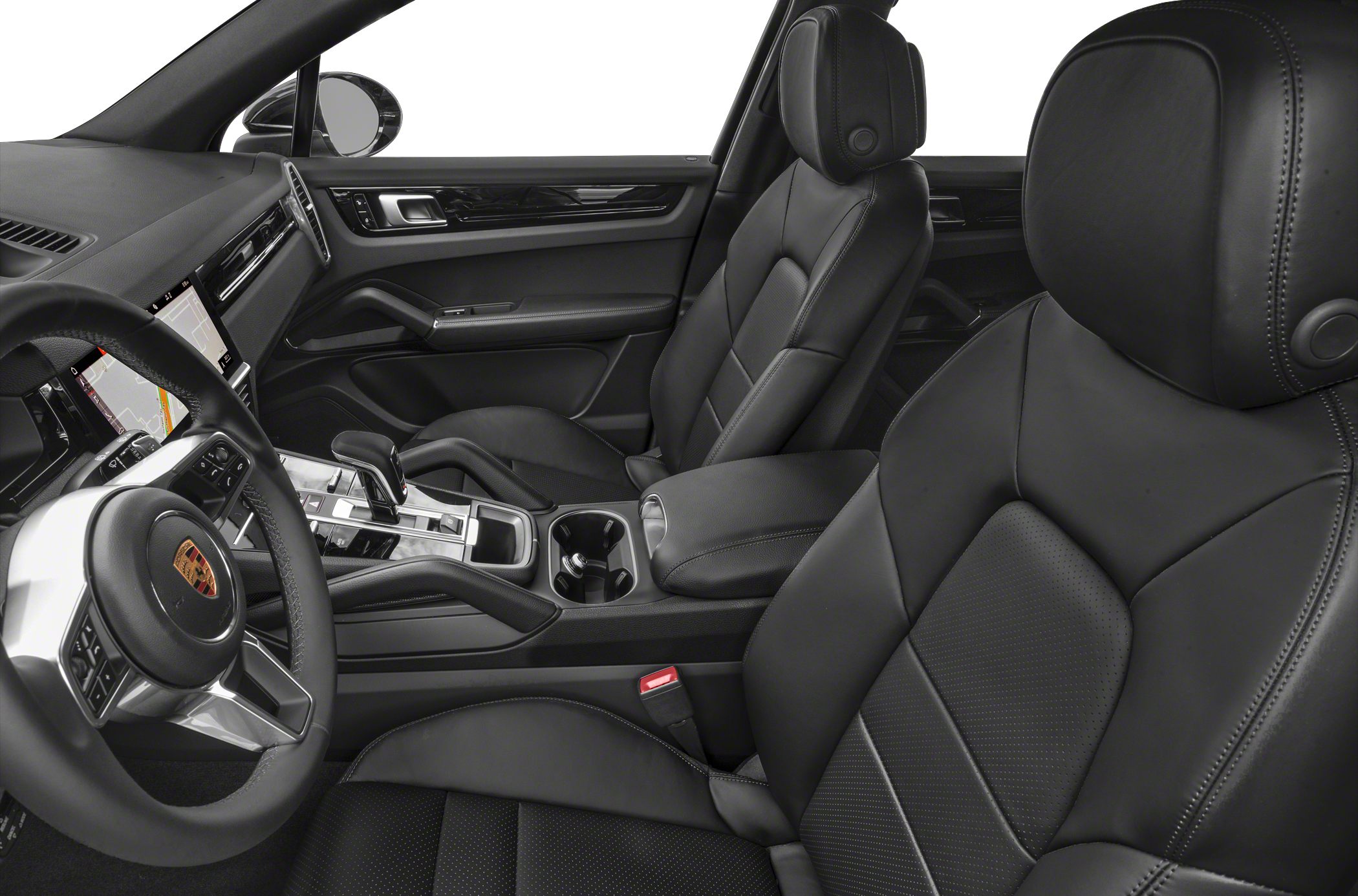 Black leather seats and dashboard with modern controls and navigation display