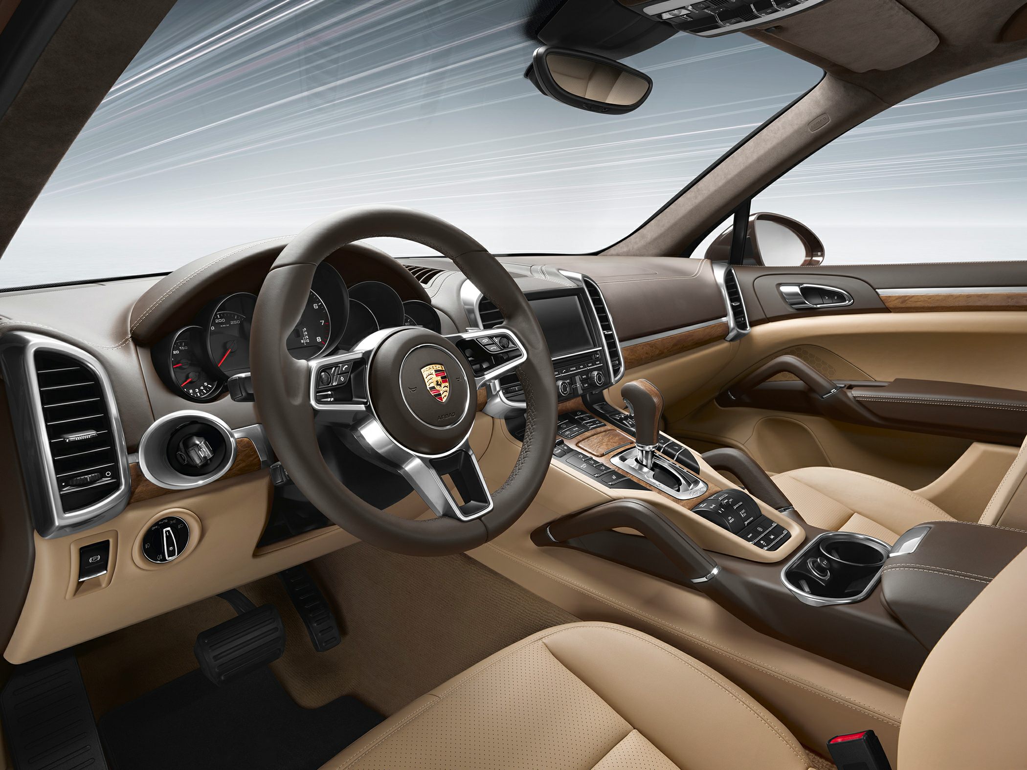 Beige and brown luxury interior with modern dashboard and controls