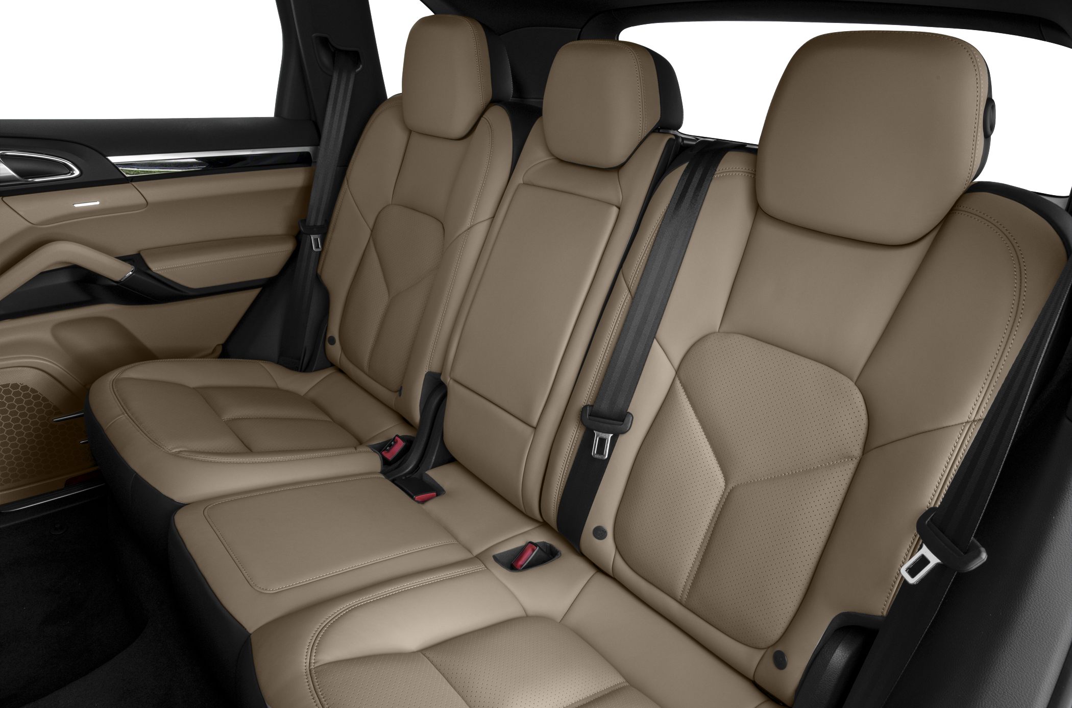 Tan leather rear seats with stitching and seatbelts