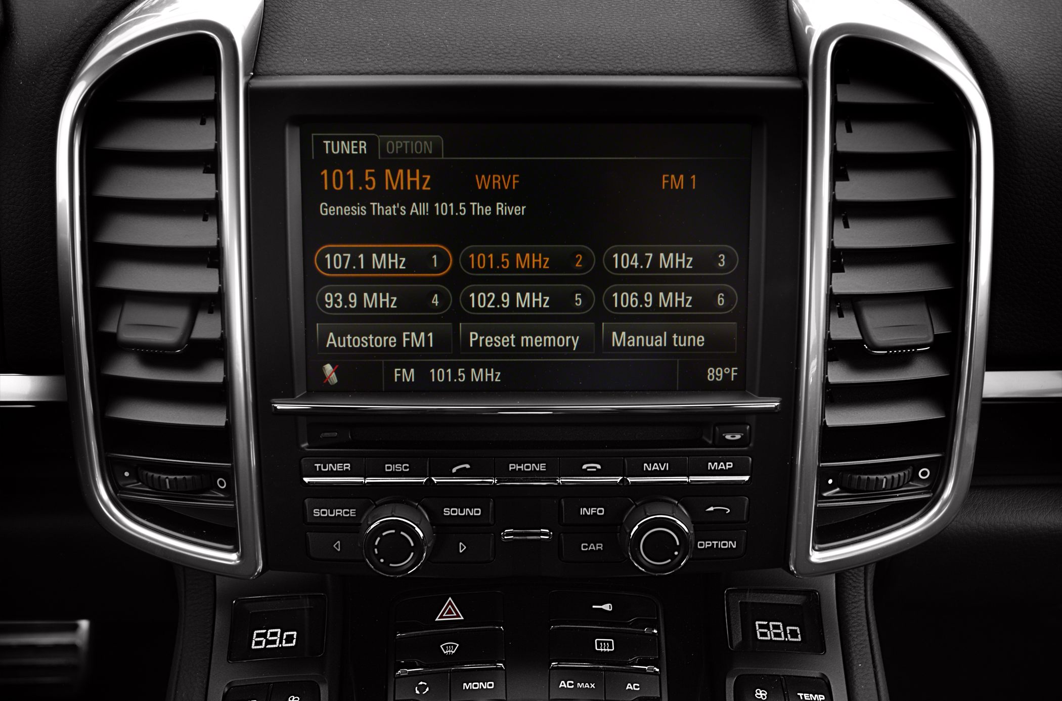 Car dashboard infotainment system with radio tuner and climate controls