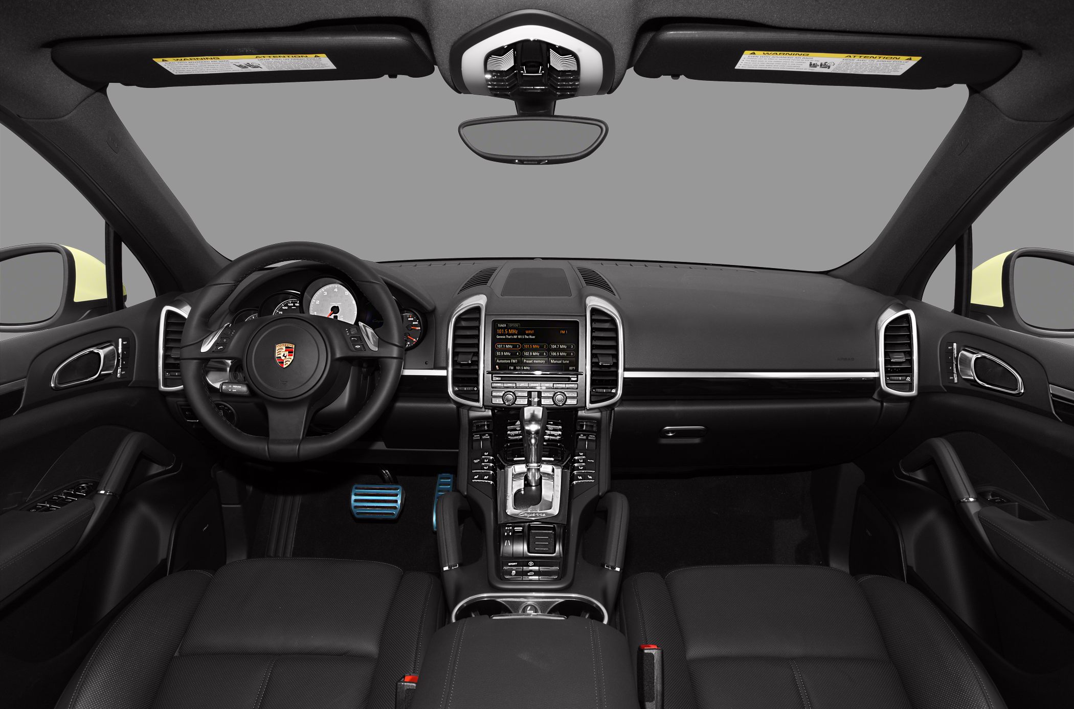 Car interior with dashboard and steering wheel