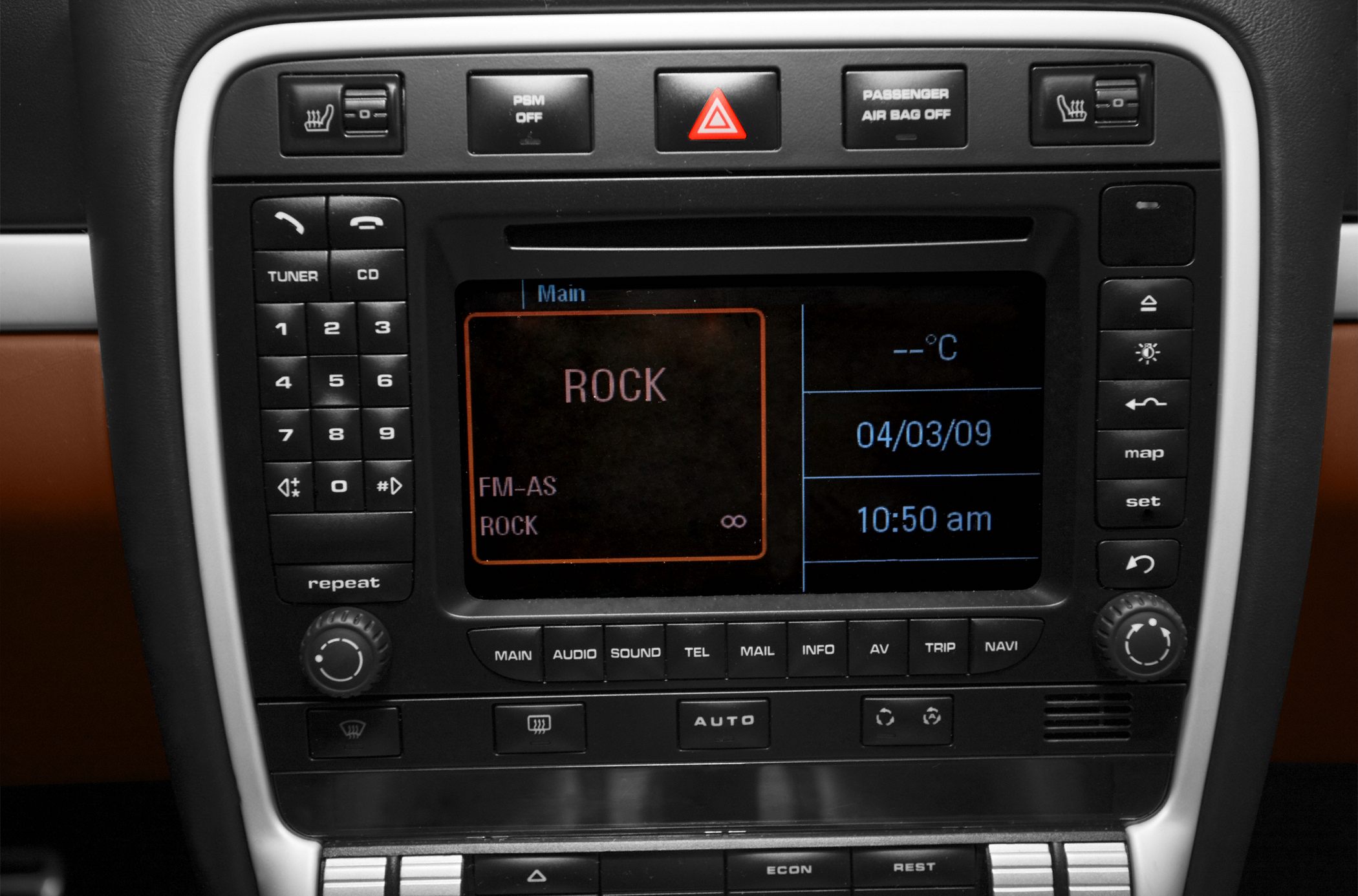 Infotainment system with music display, control buttons, and temperature date time info