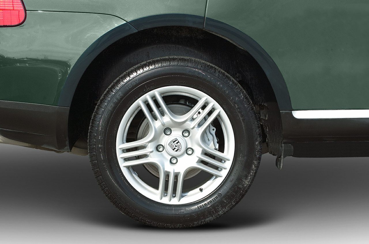 Five-spoke alloy wheel rim and tire with visible brake caliper