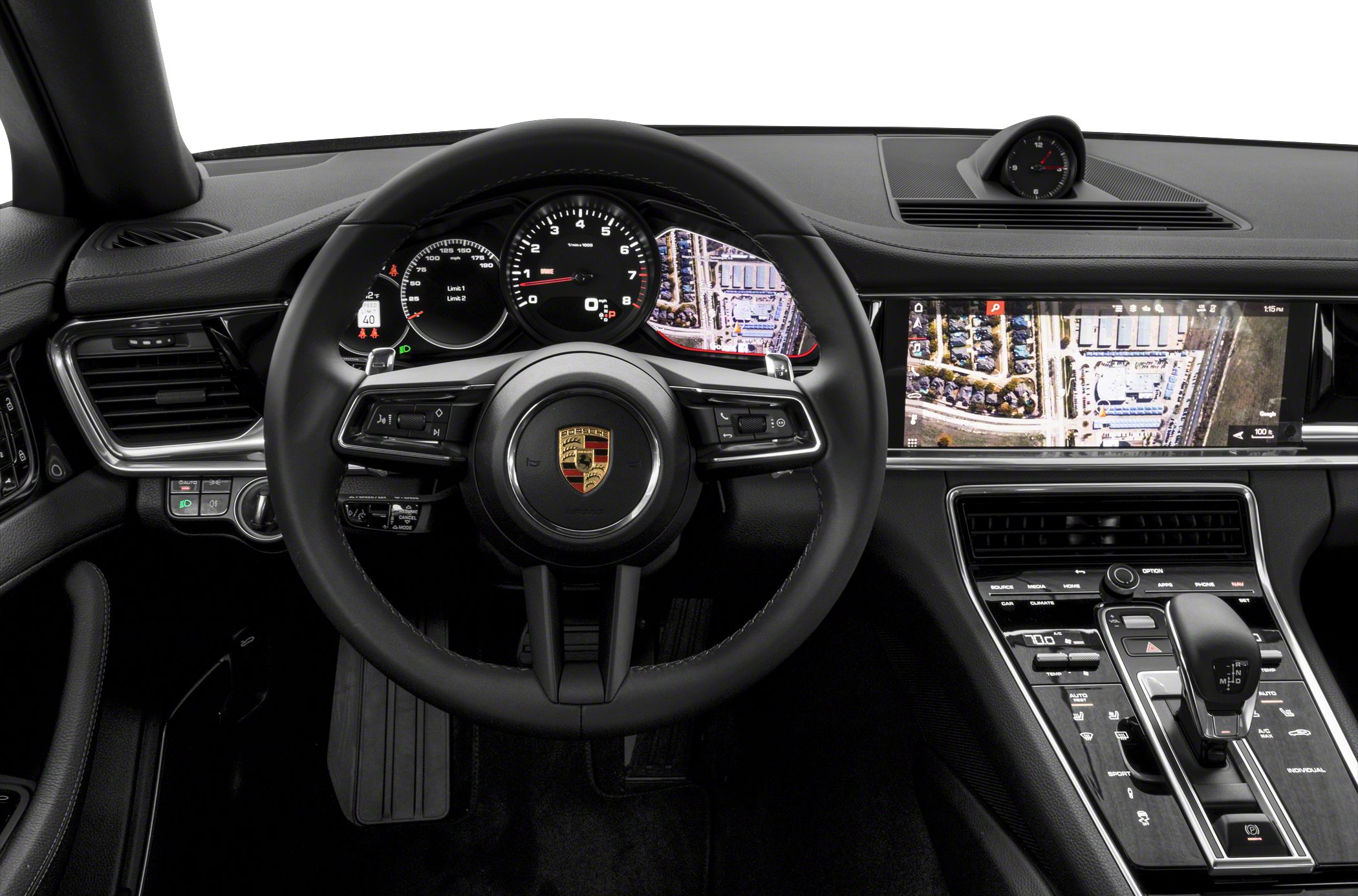 Digital instrument cluster and navigation screen in luxury sedan cockpit