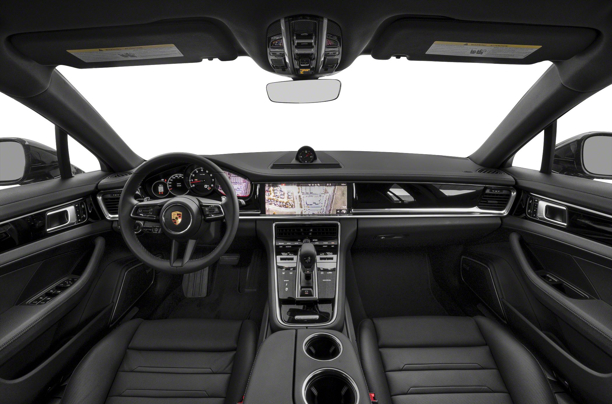 Luxury car interior with digital dashboard and black leather seating