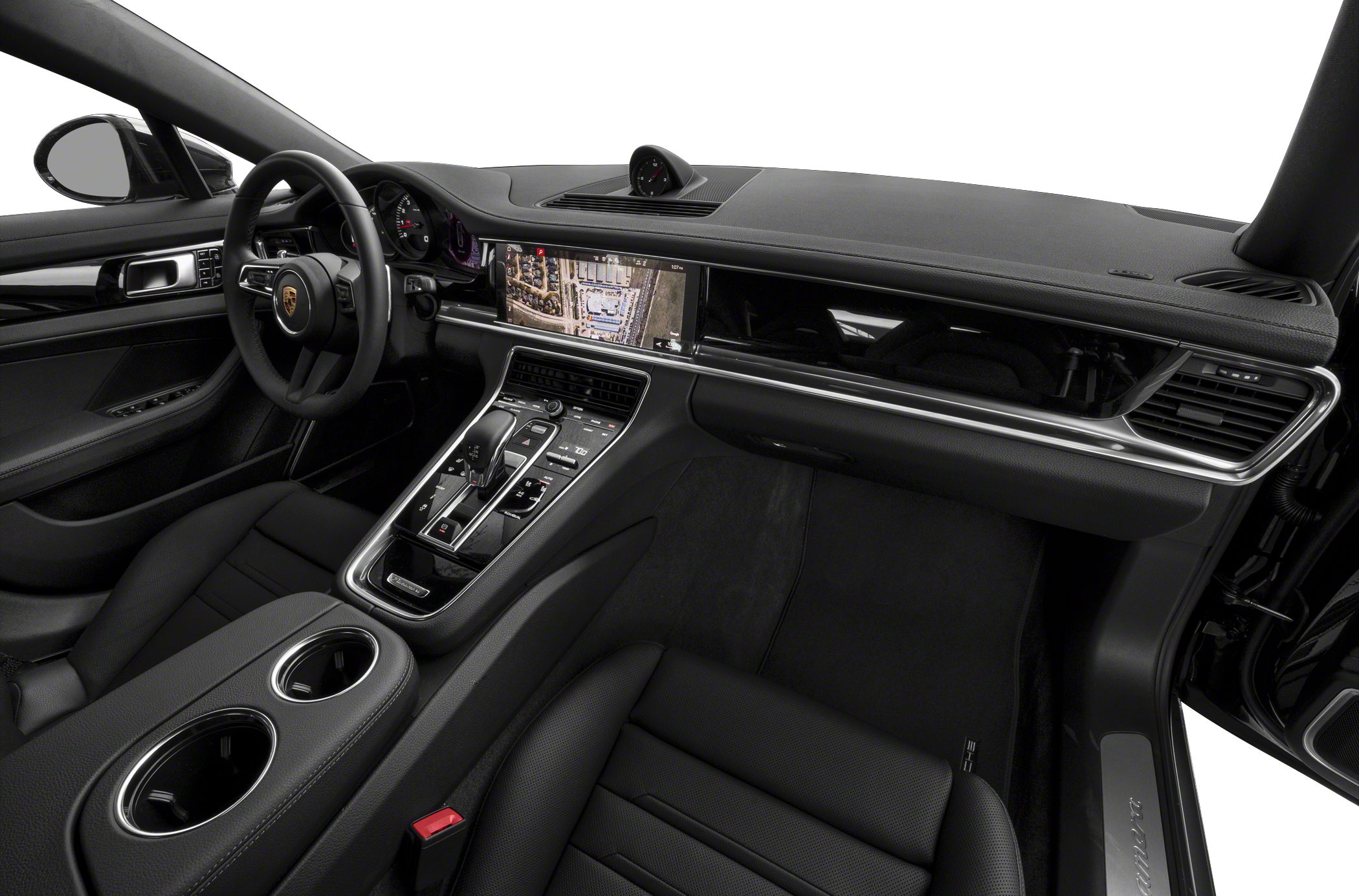 Luxury car interior with digital navigation display and multifunction steering wheel