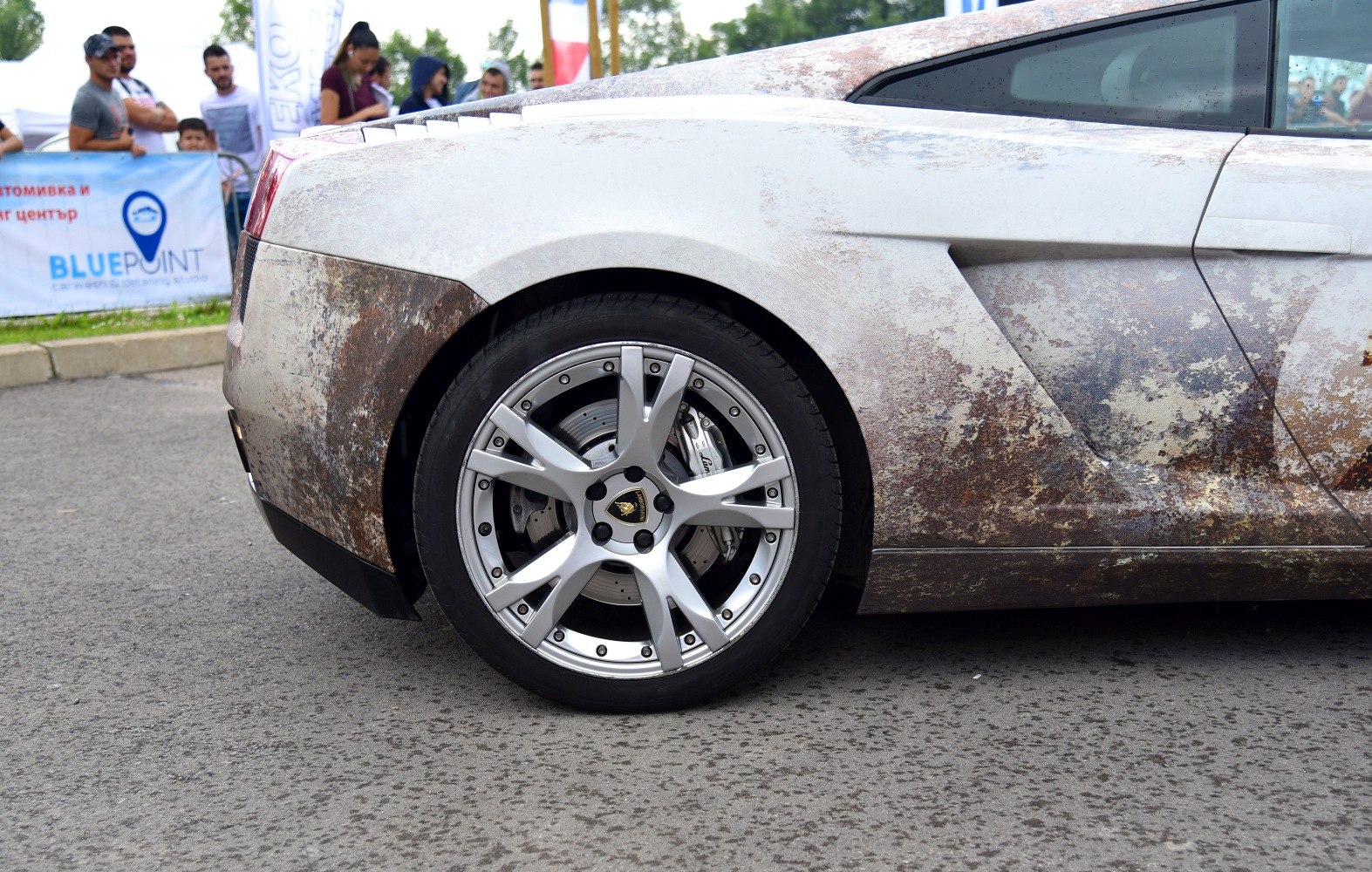 Rear wheel and side panel of a sports coupe with alloy rim and textured paint