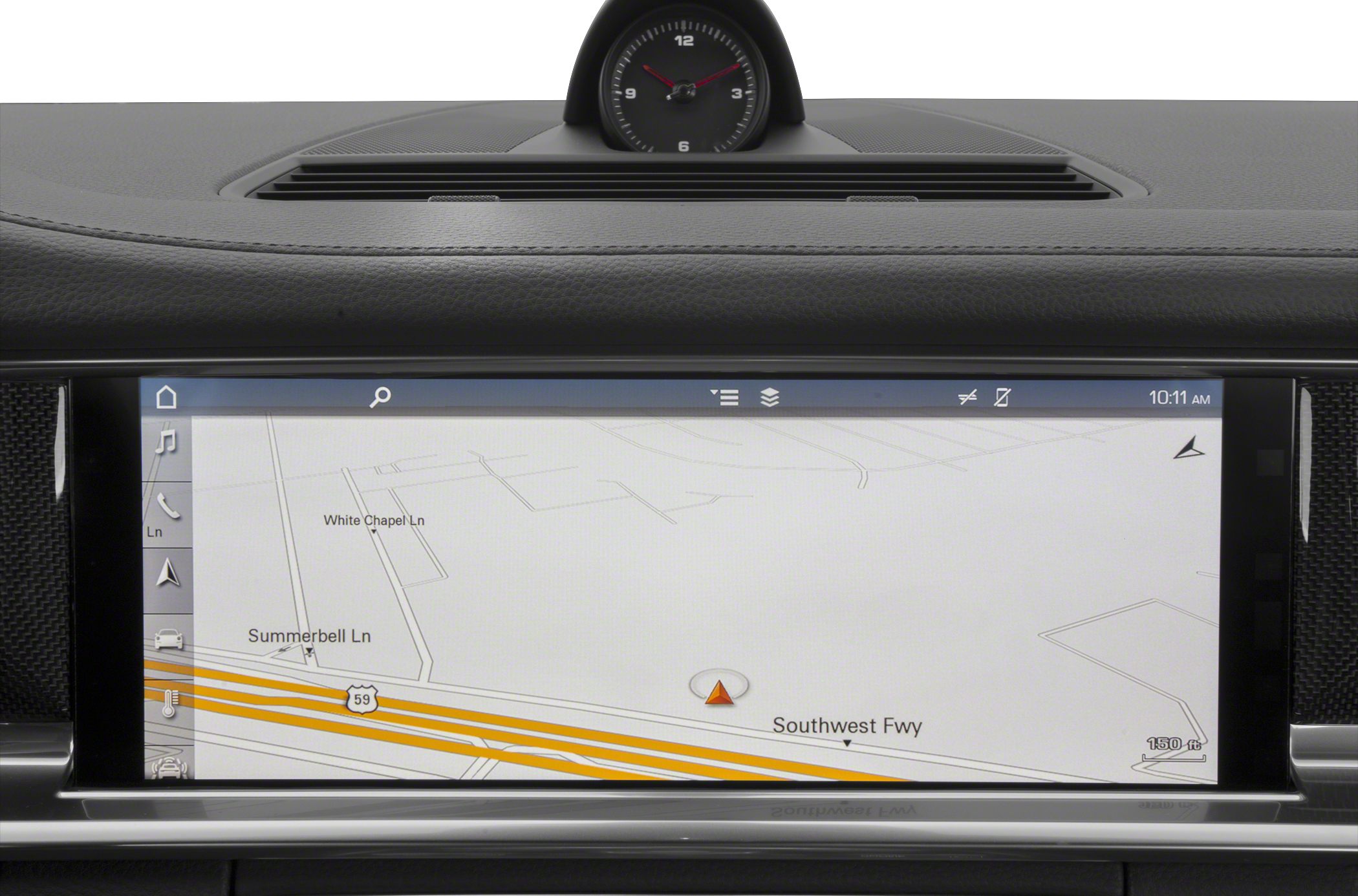 Digital navigation display with analog clock on dashboard
