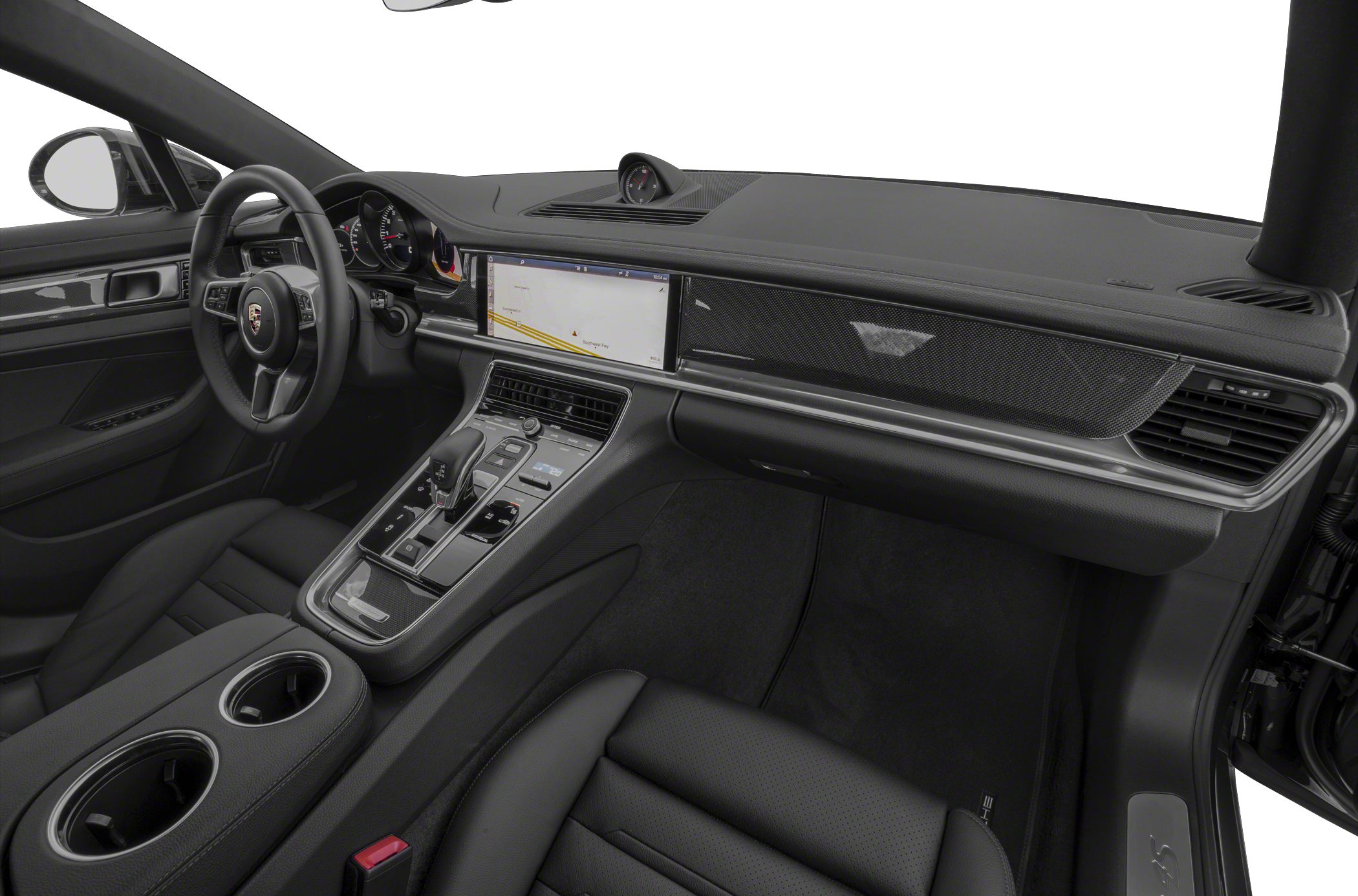 Sleek black dashboard and center console with digital display and steering wheel
