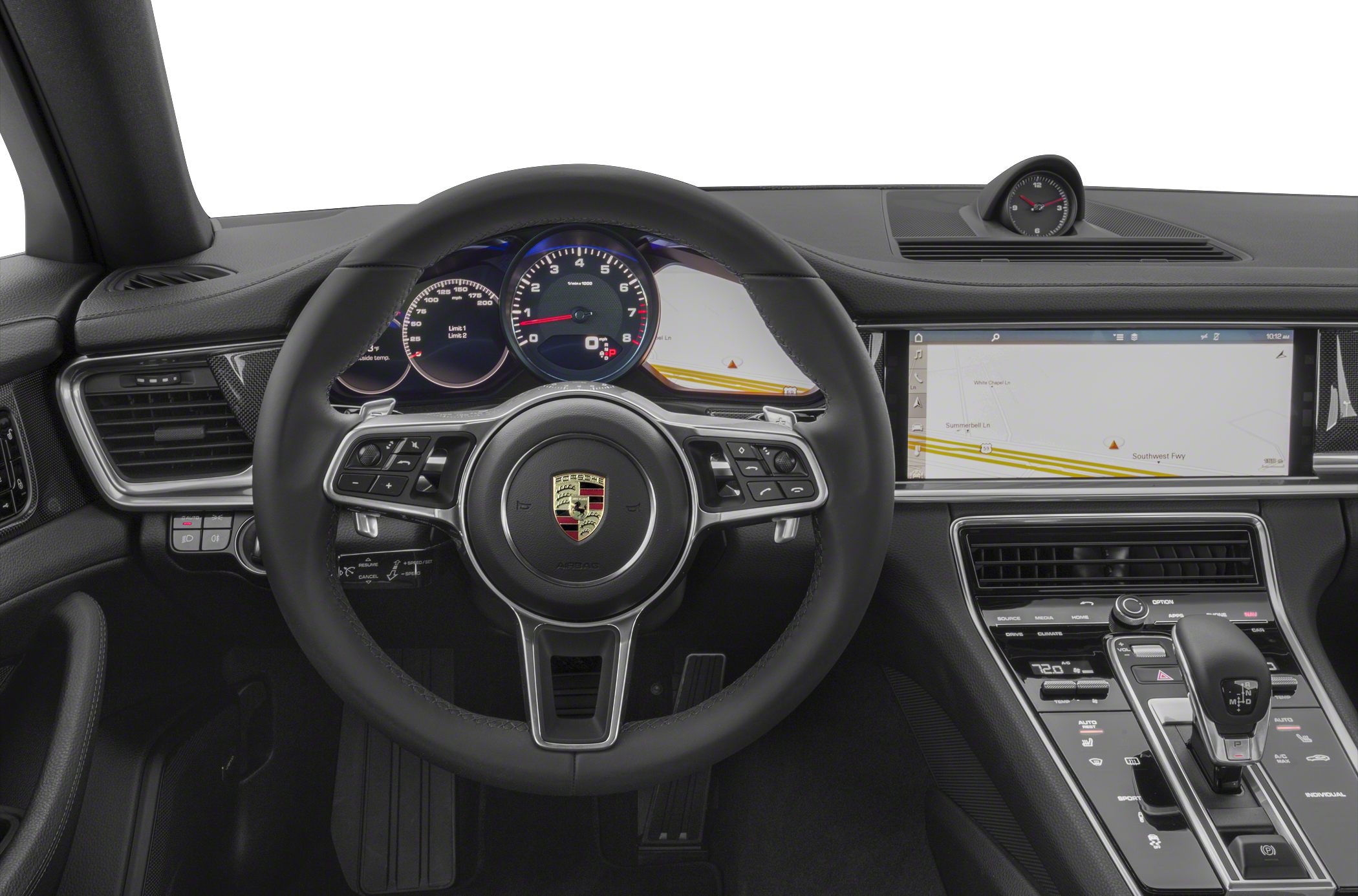 Steering wheel with digital instrument cluster and large navigation touchscreen