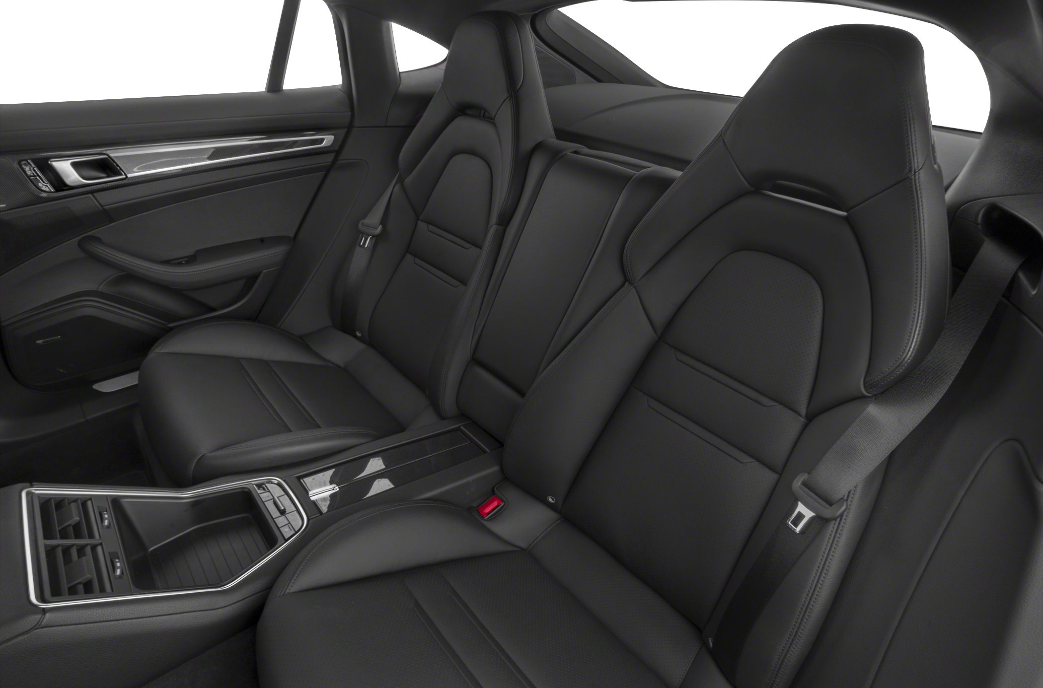 Black leather rear seats with integrated center console and detailed stitching