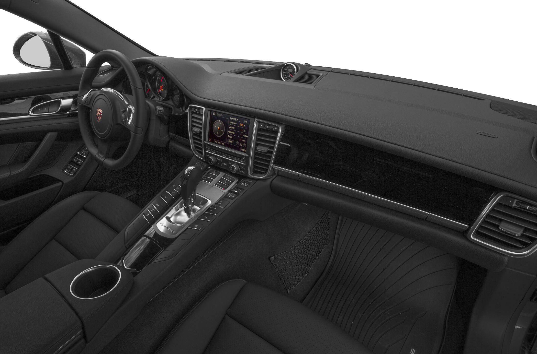 Luxury car interior dashboard and center console with digital display and automatic gear lever