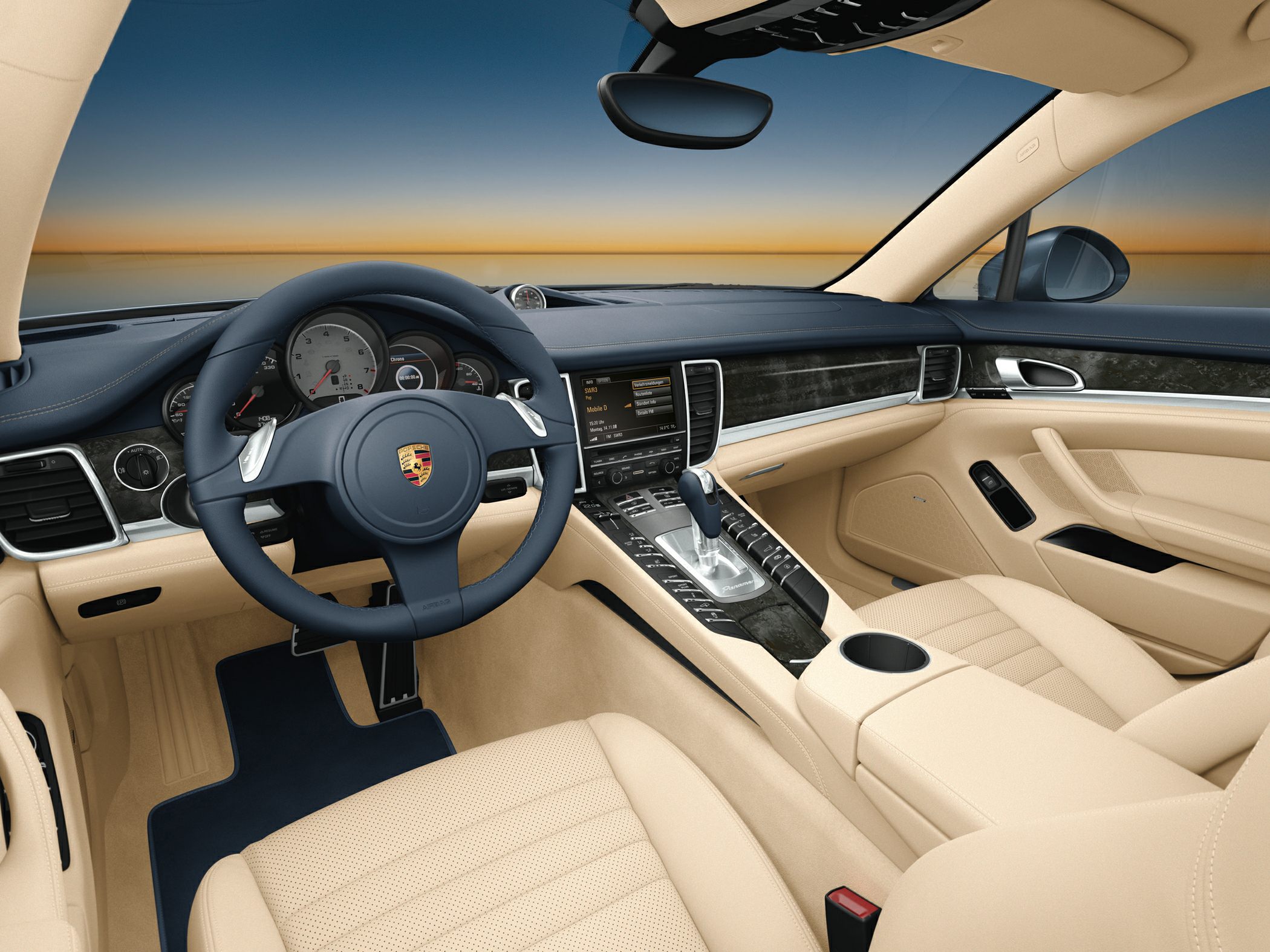 Beige leather interior with digital dashboard and center console