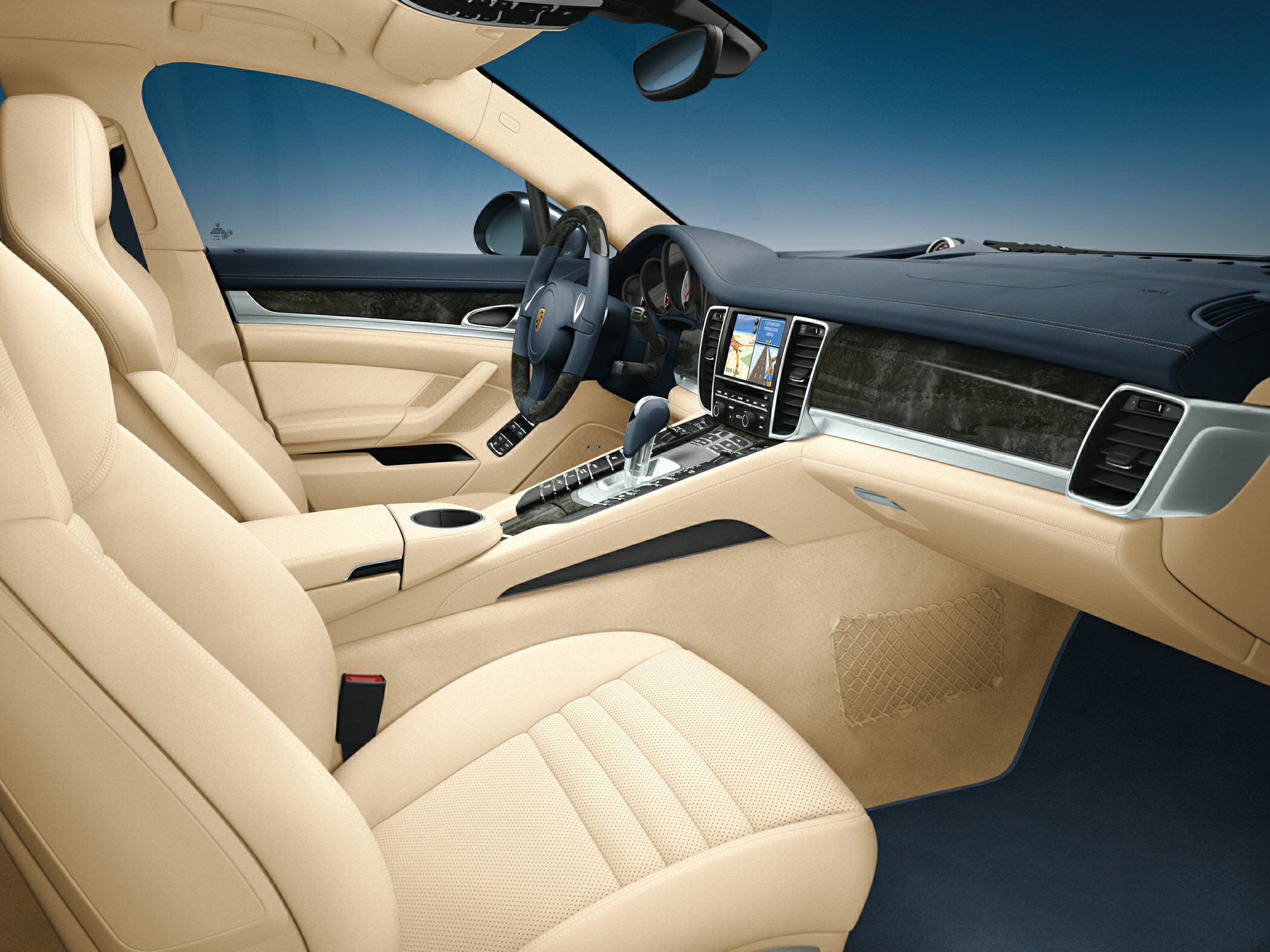Luxurious beige leather interior with navigation and modern dashboard