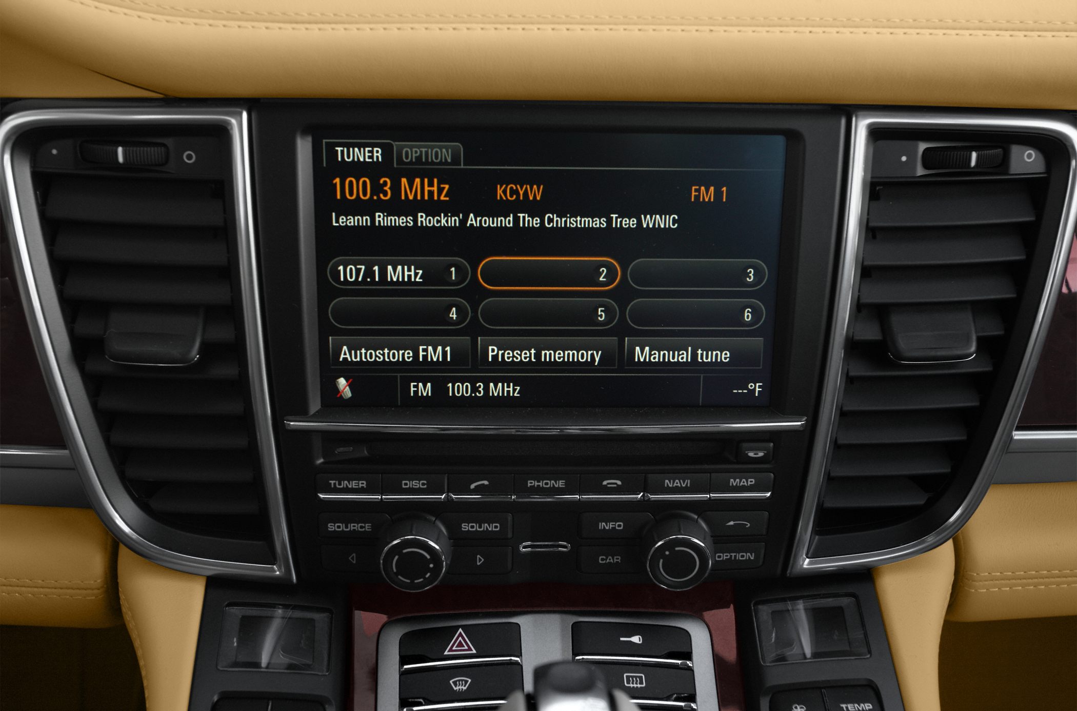 Infotainment system and dashboard controls with FM radio display
