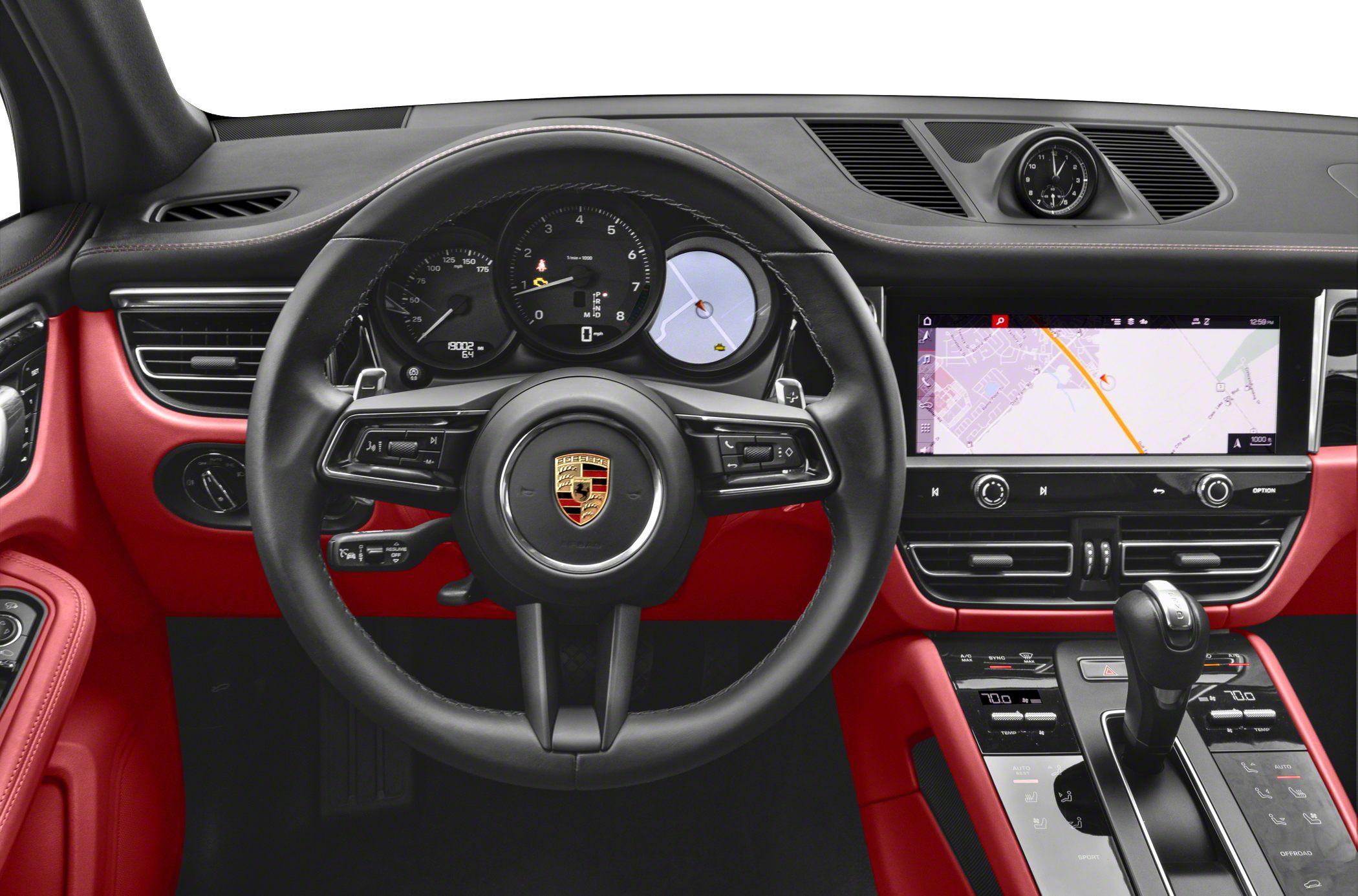 Sporty steering wheel, digital cluster, and navigation display