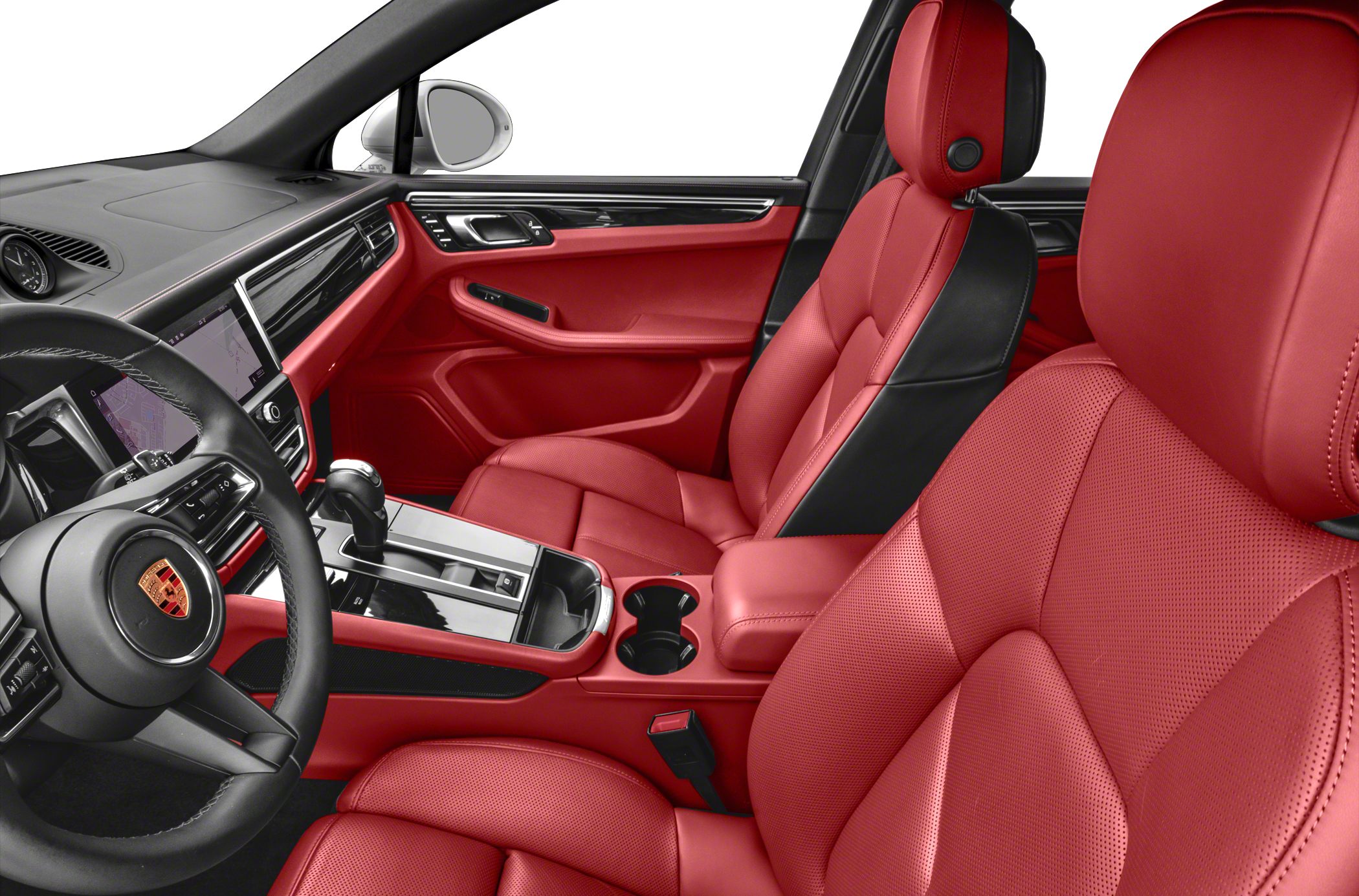 Luxurious red leather seats and modern dashboard with advanced controls