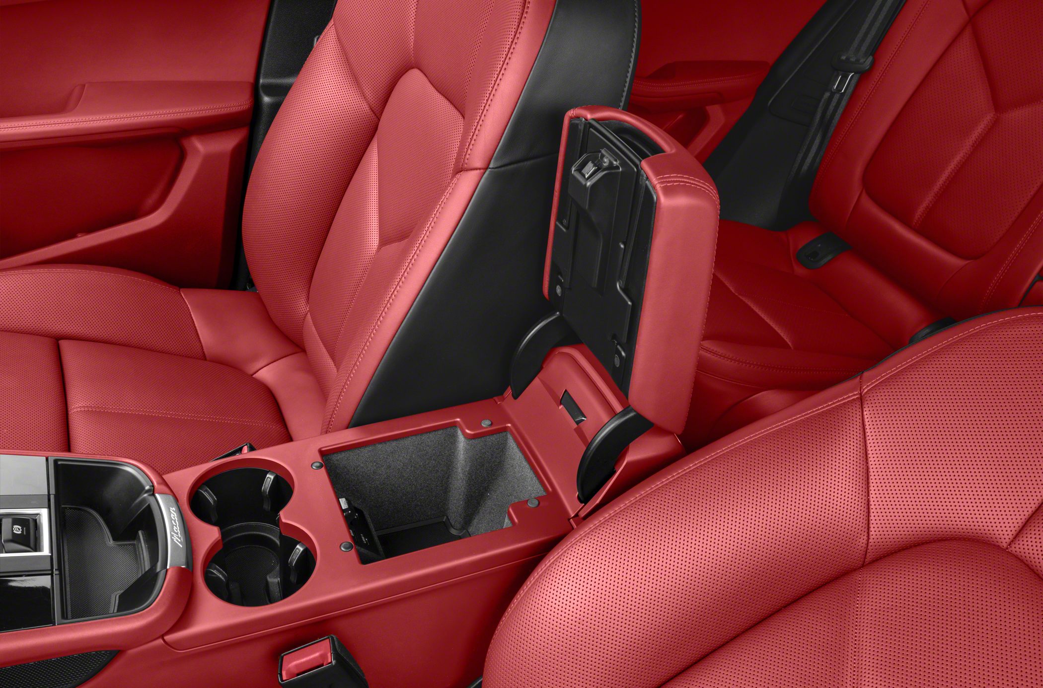 Red perforated leather seats and center console storage with cup holders