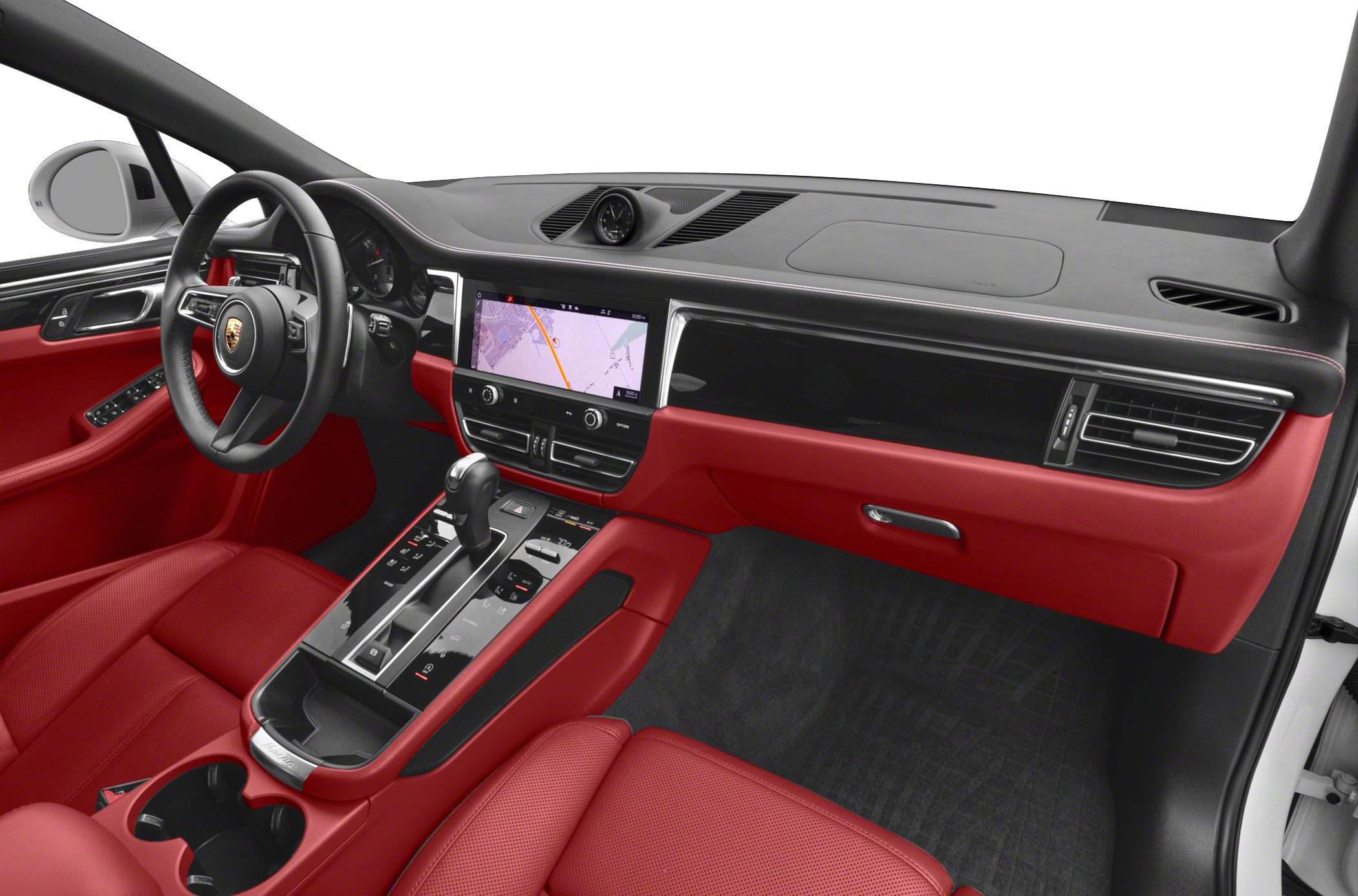 Red leather interior with modern dashboard and infotainment display