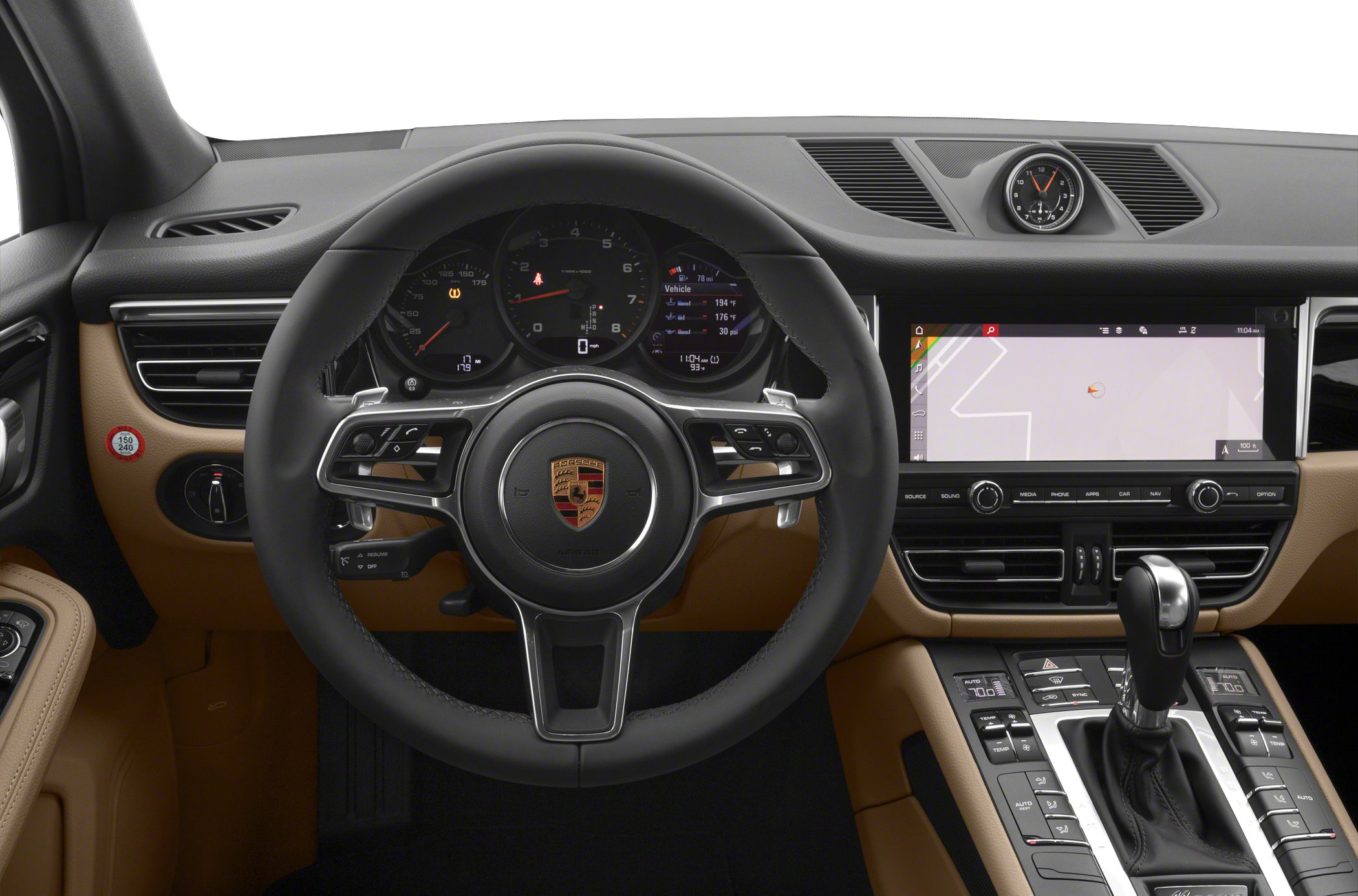 Steering wheel with Porsche emblem and advanced dashboard with digital displays