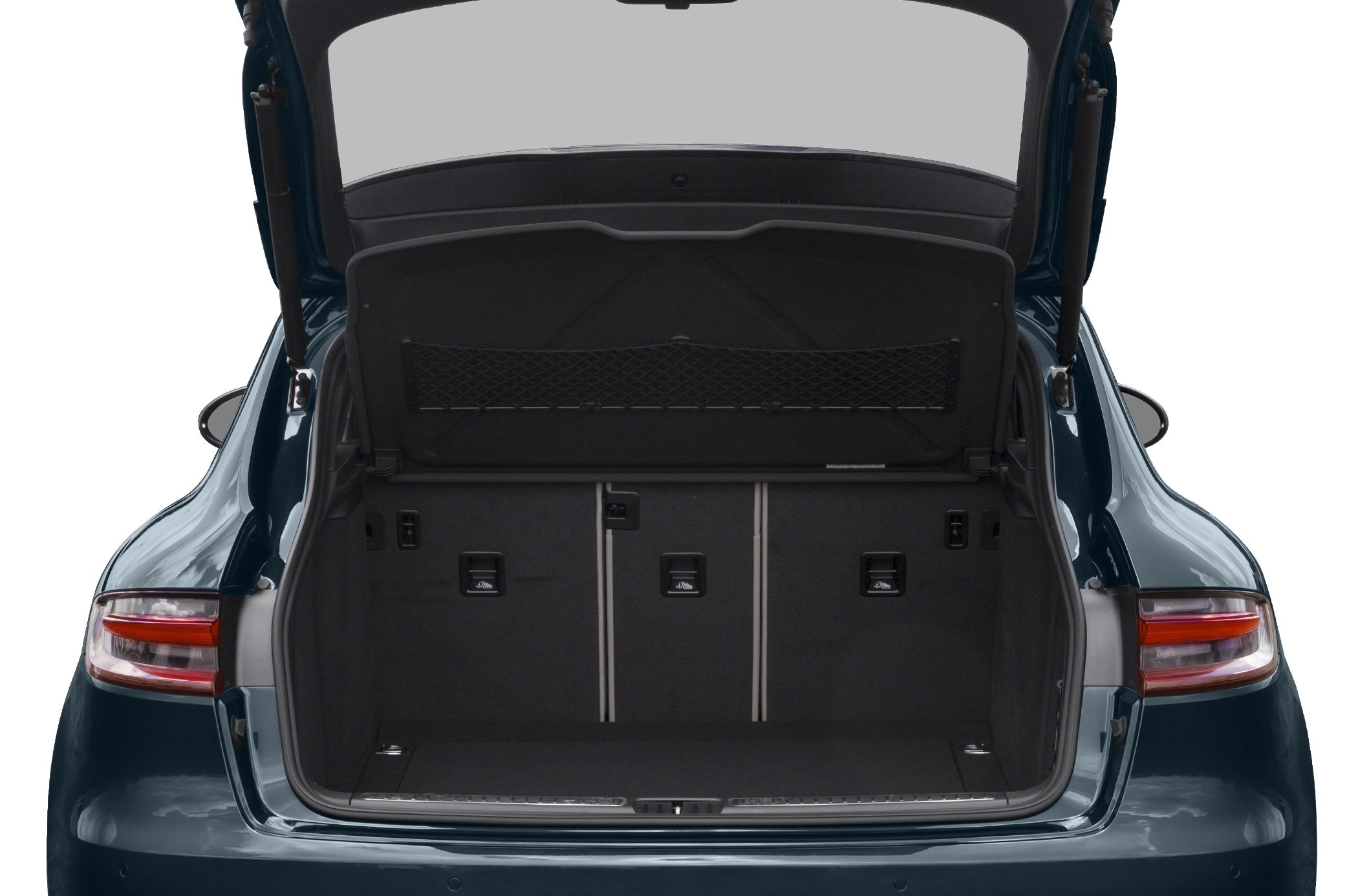Open SUV trunk with foldable rear seats and netted storage panel