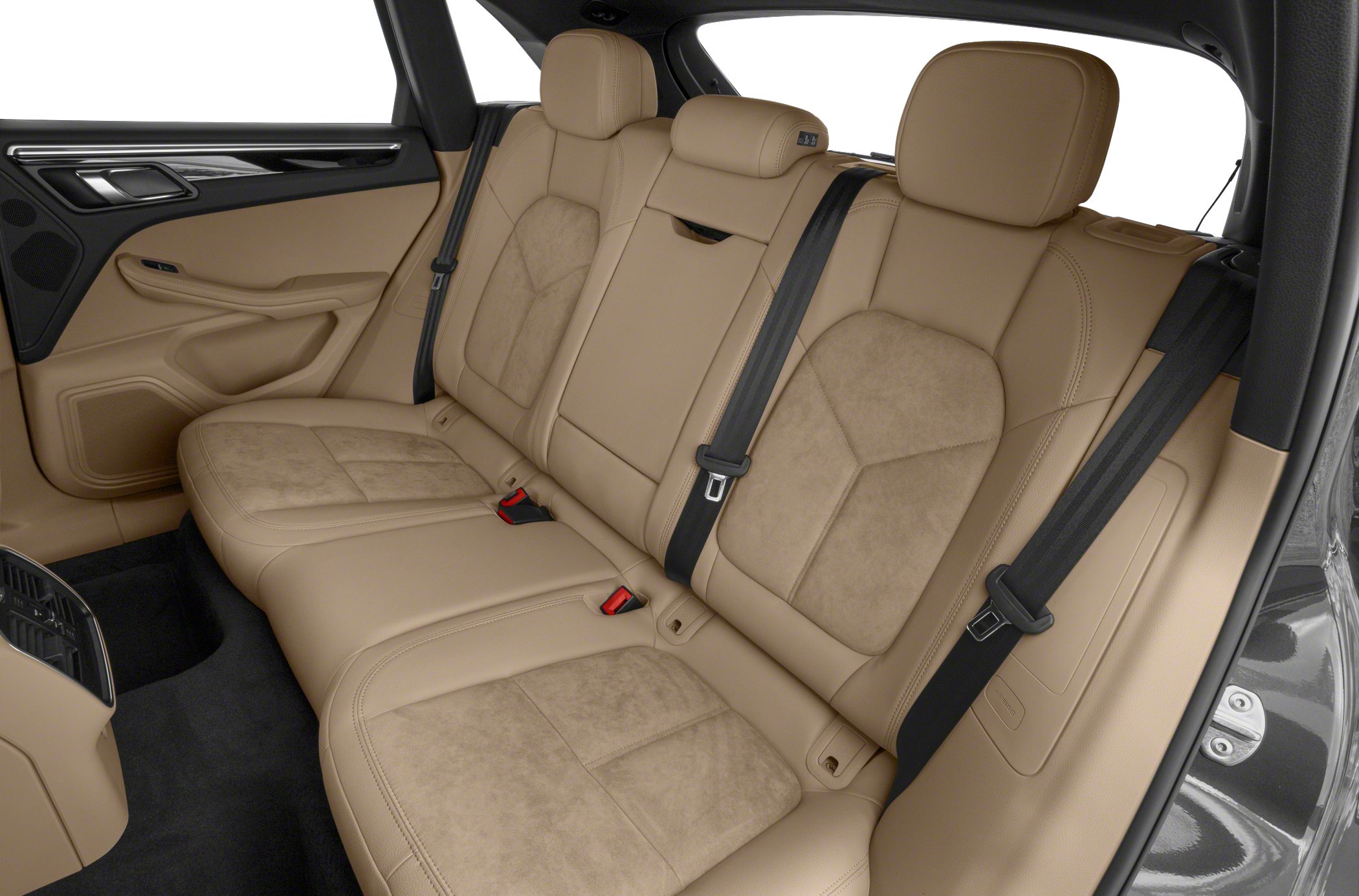 Beige leather and suede rear seats with black seatbelts and rear air vents