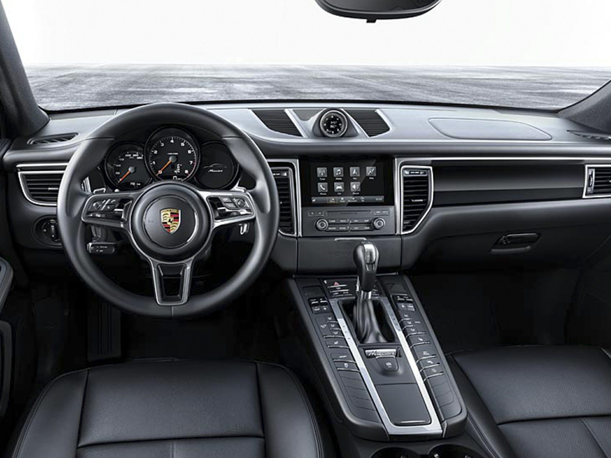 Modern dashboard, steering wheel, and center console with gear shifter
