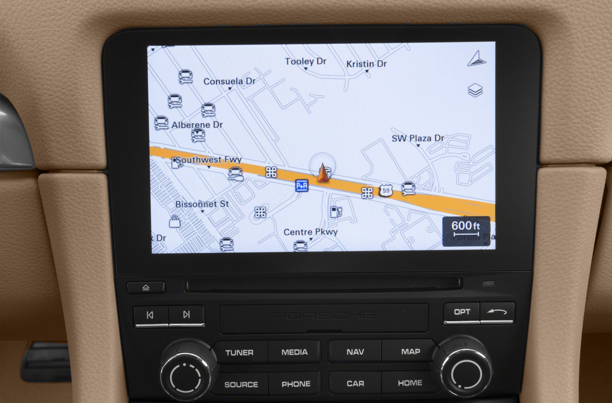 In-car GPS navigation screen and media control panel