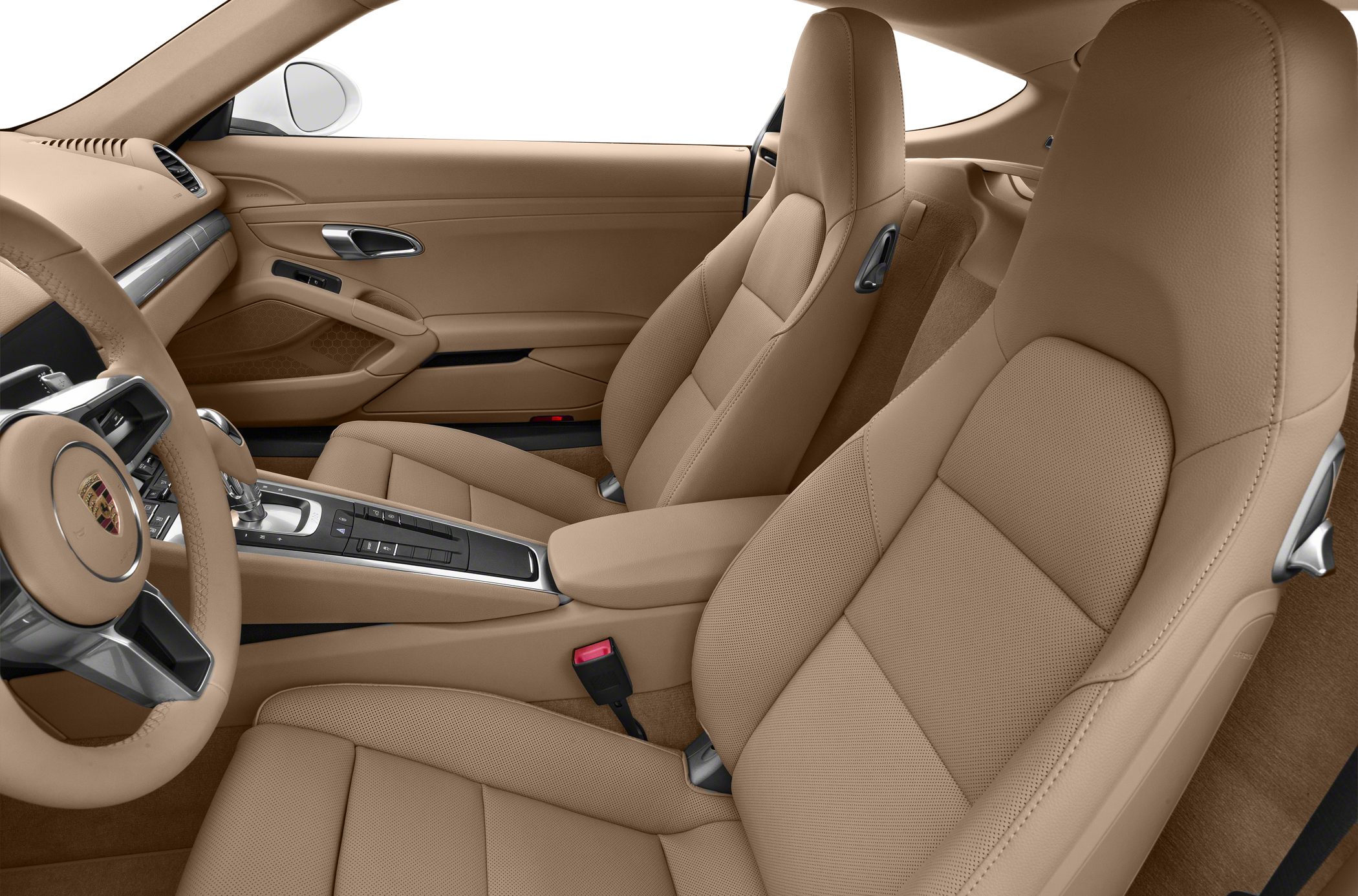 Beige leather ergonomic seats and modern central console interior
