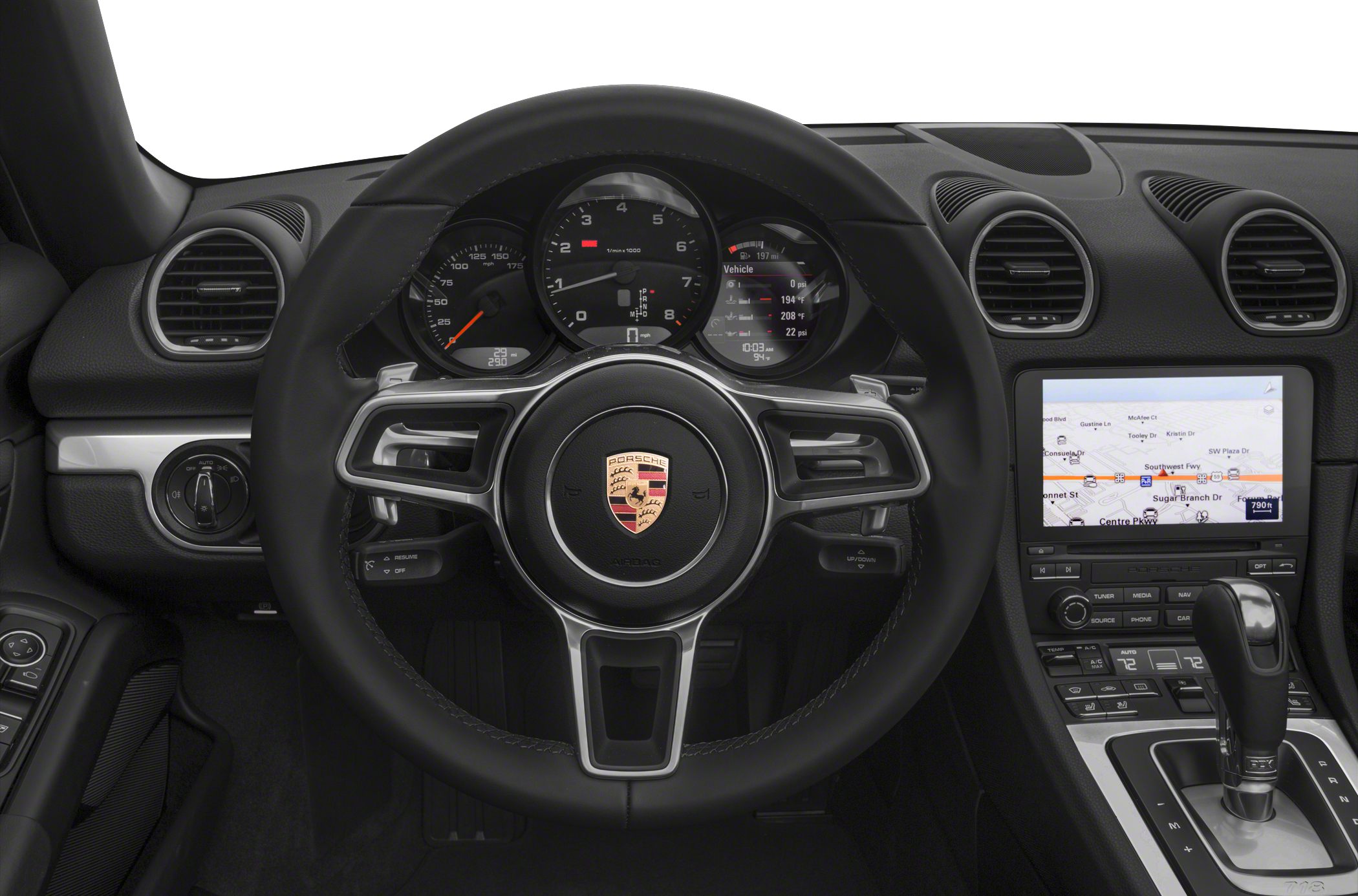 Steering wheel, instrument cluster, navigation screen, gear shifter