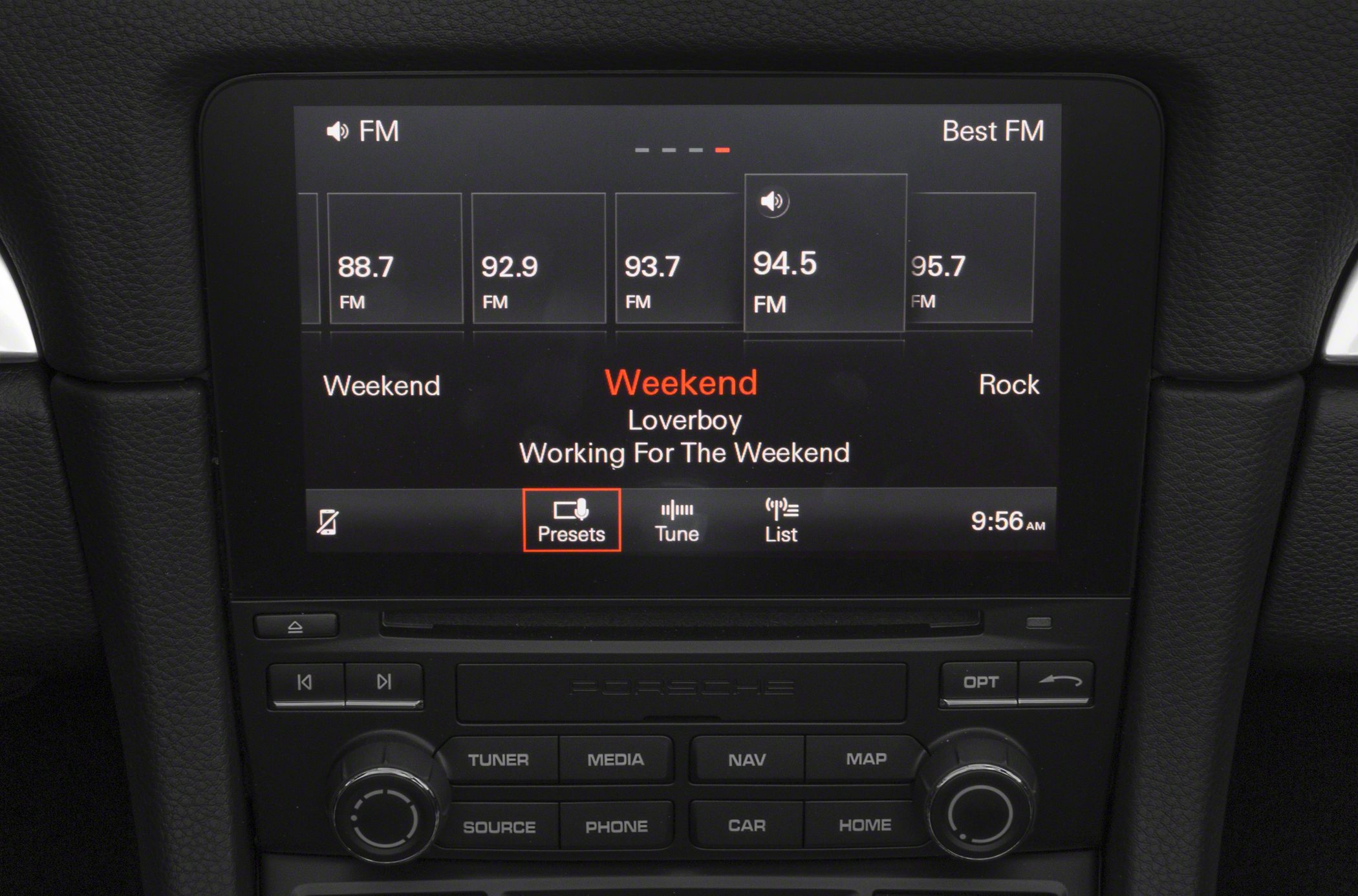 FM radio interface with preset frequencies and control buttons