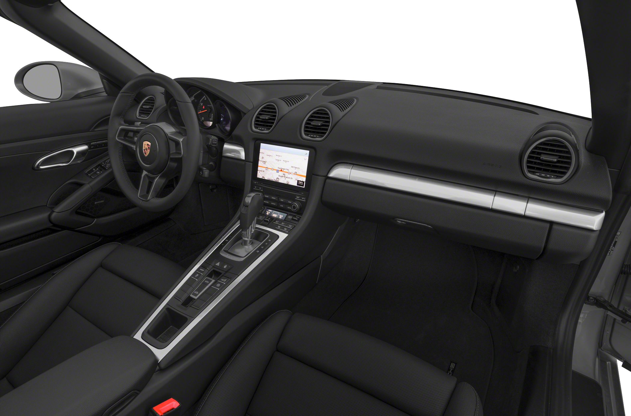 Dashboard, steering wheel, center console with navigation screen and gear shifter