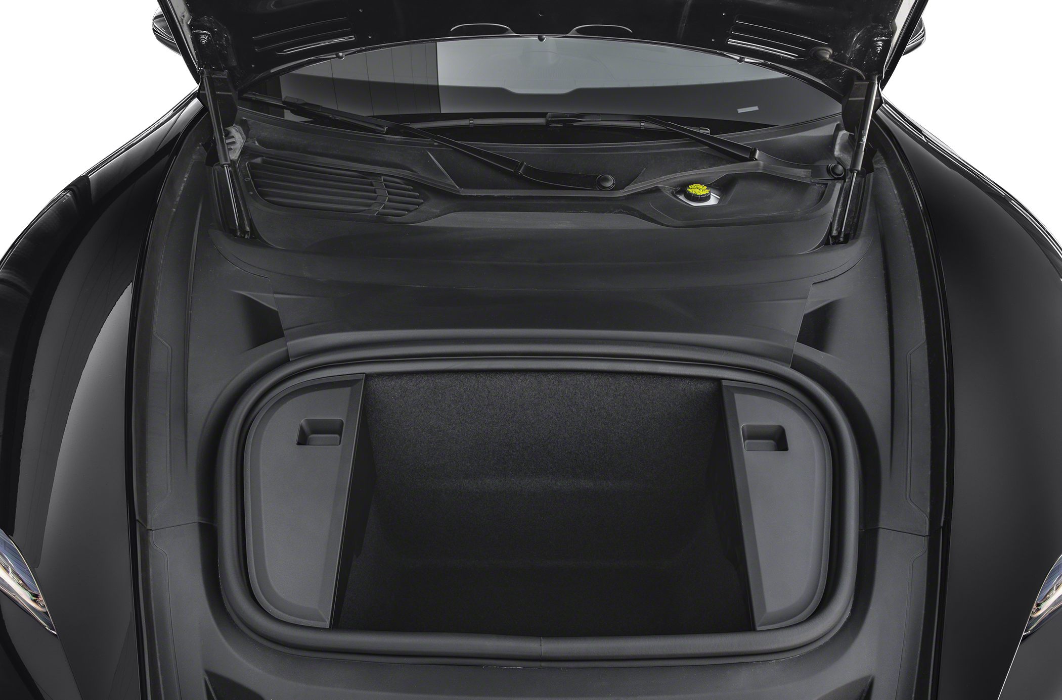 Open front trunk storage area with sleek design and deep compartment