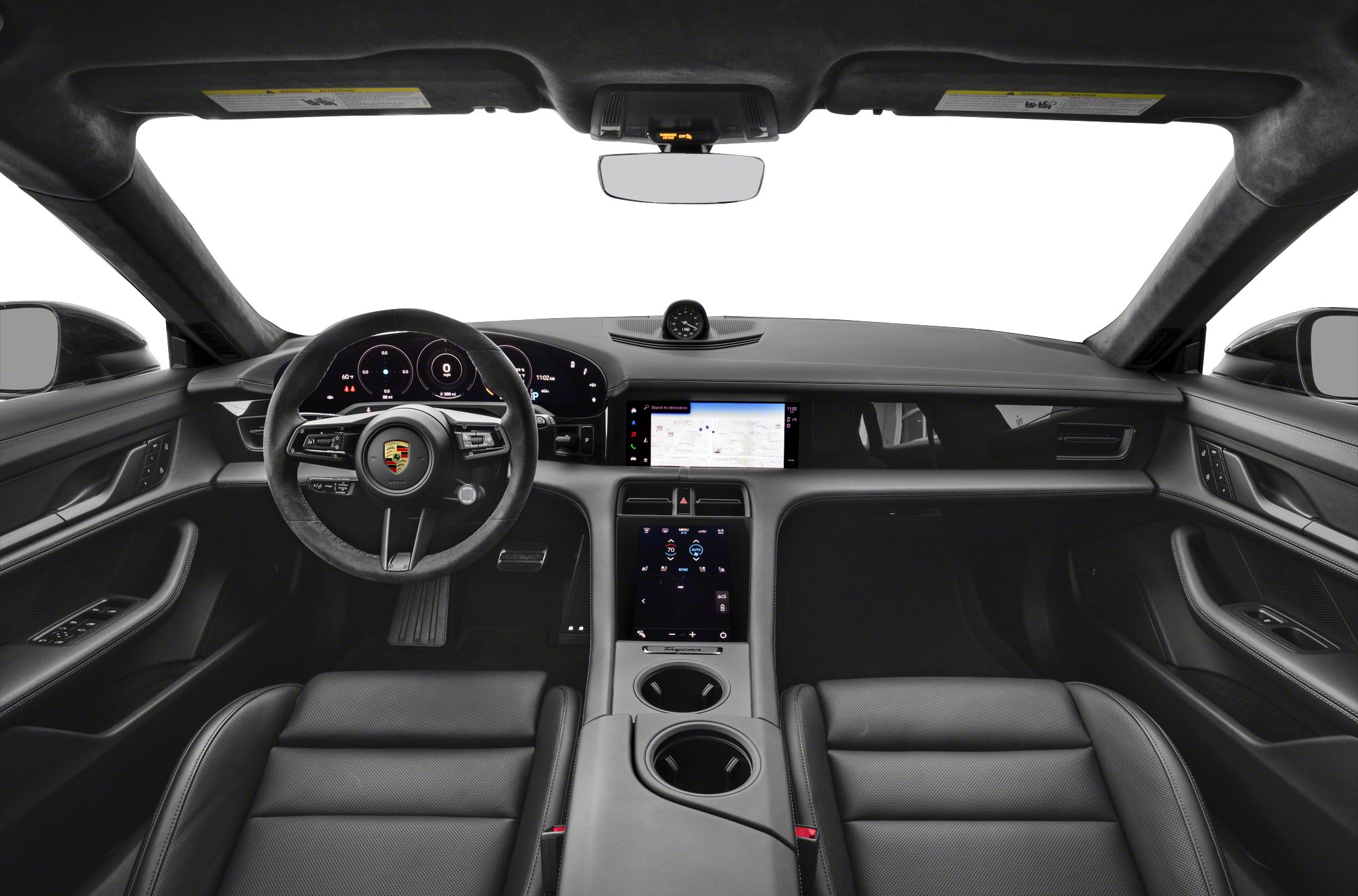 Modern car interior with digital displays, touchscreen controls, and premium seating