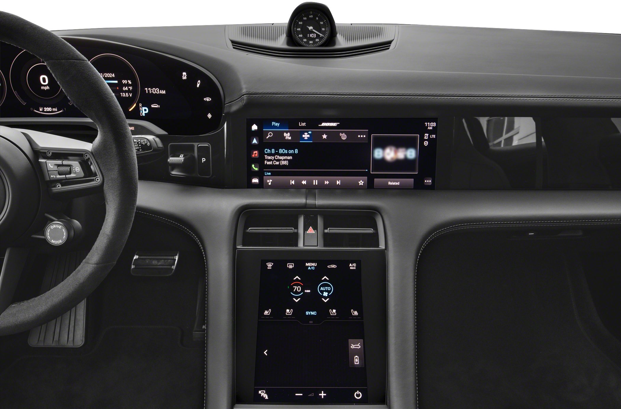 Luxury electric vehicle interior with dual touchscreen consoles and digital instrument cluster