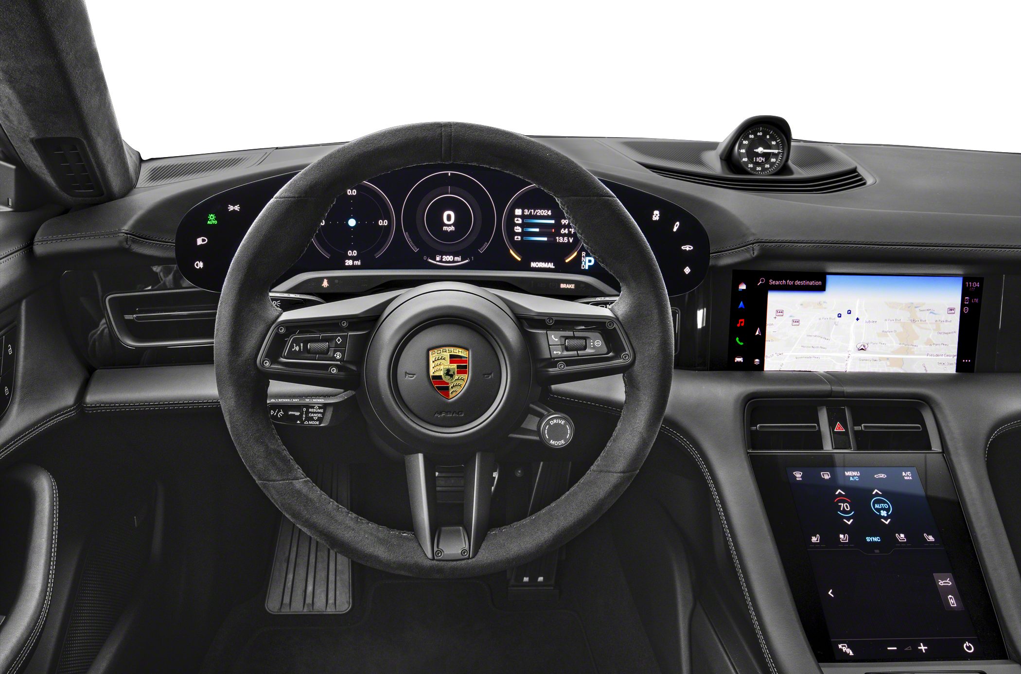 Digital instrument cluster and touchscreen displays with multi-function steering wheel.
