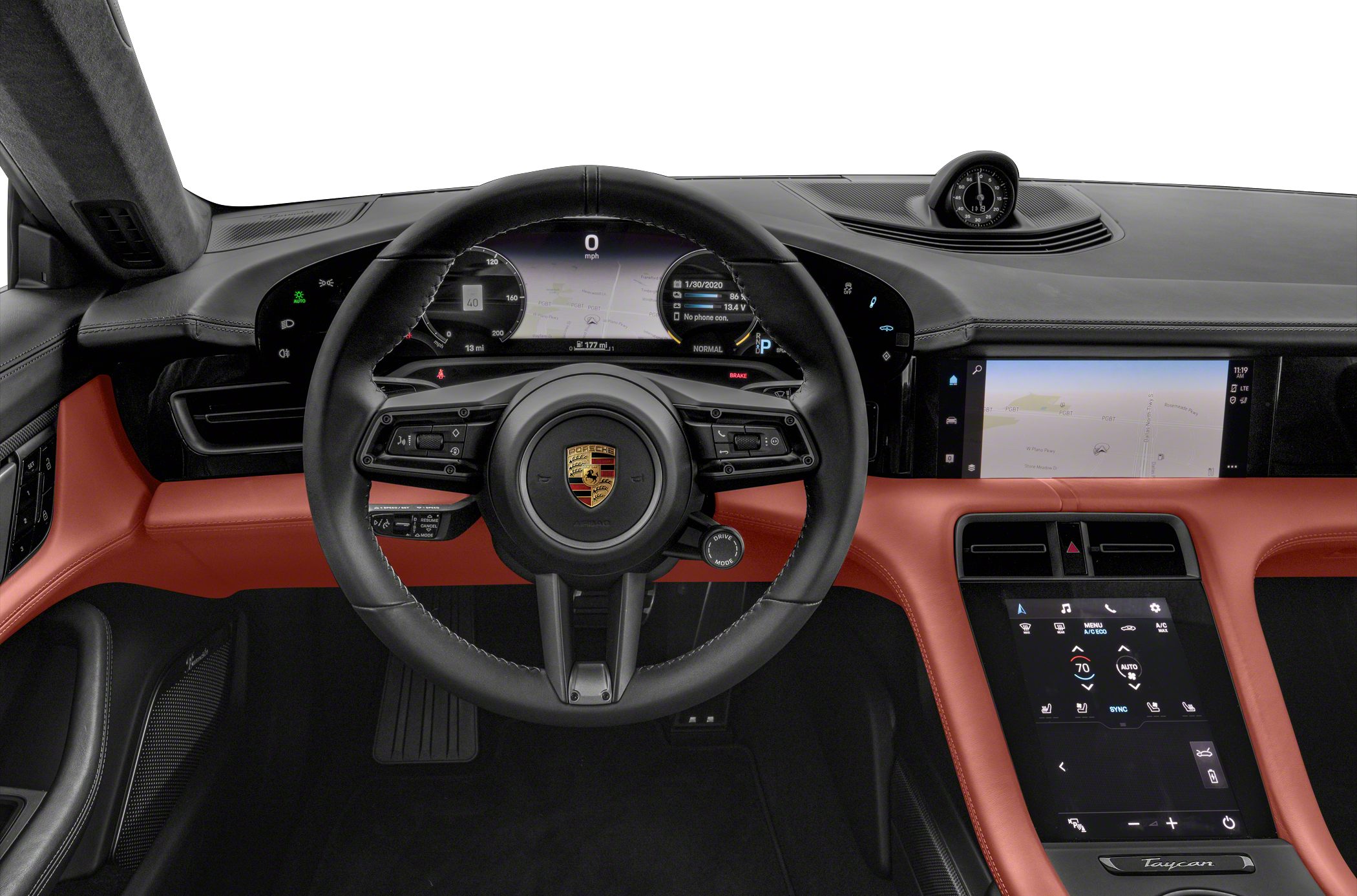 Digital instrument cluster and dual touchscreen center console in luxury vehicle interior