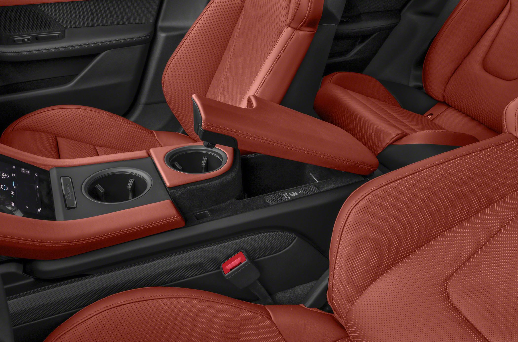 Red leather seats with center console and cup holders