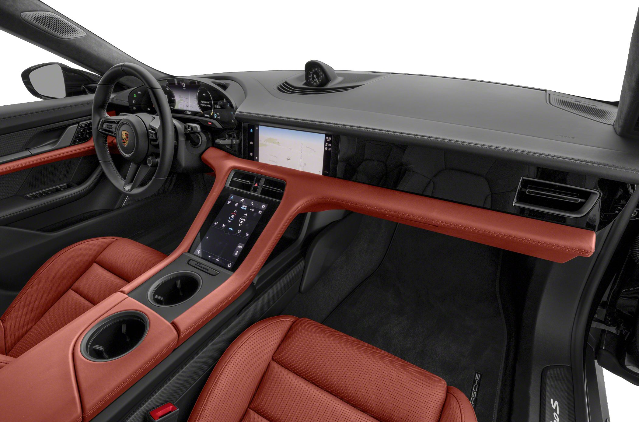Modern digital dashboard and red leather interior with steering wheel.