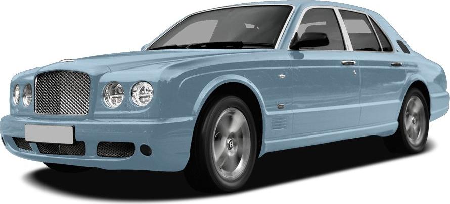 Front three-quarter view of blue luxury sedan with prominent grille and round headlights