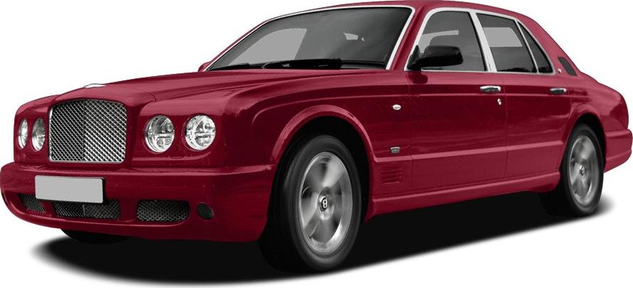 Front side view of a red luxury sedan with distinctive grille and round headlights.