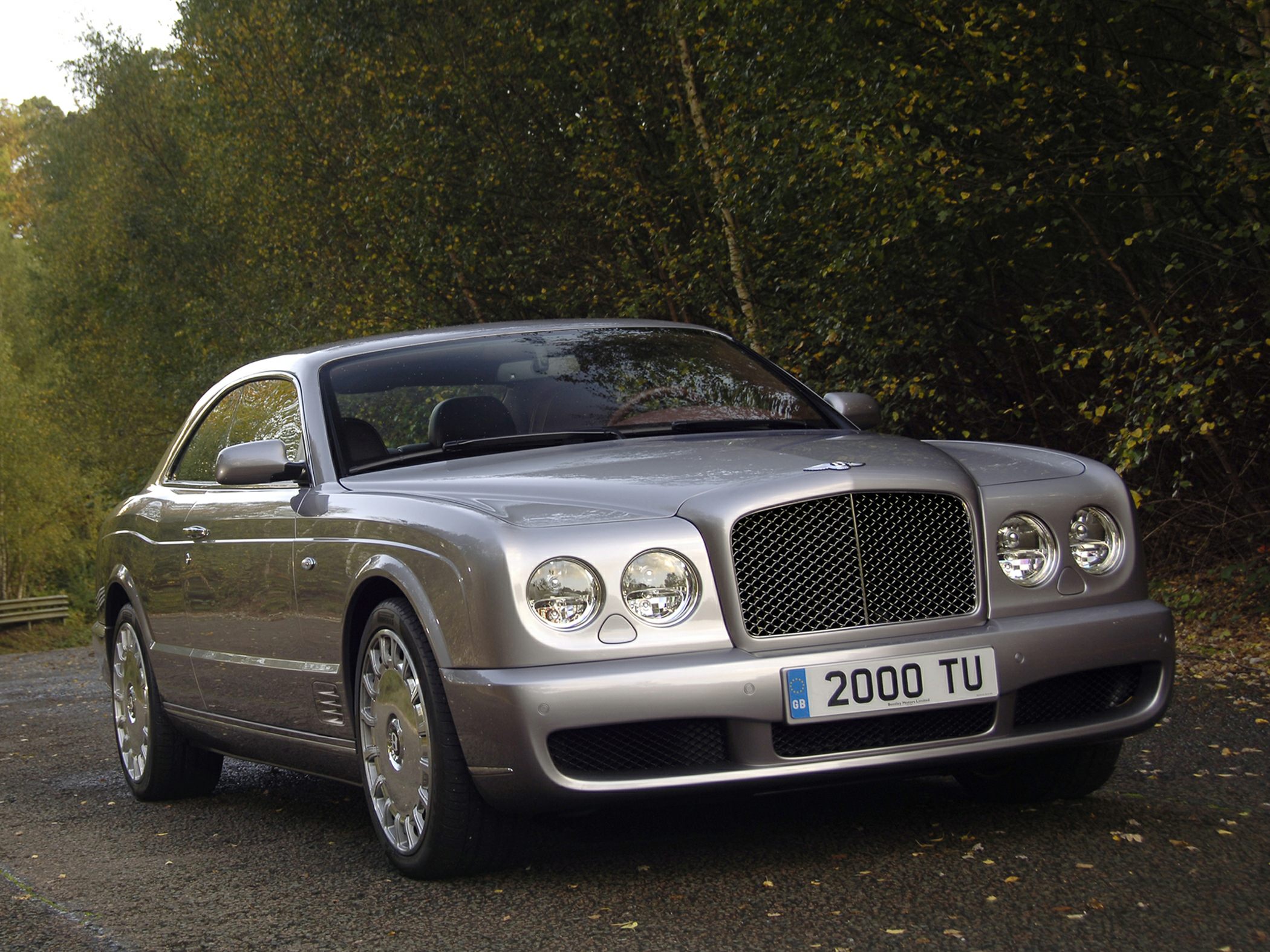 Luxury silver grand tourer with mesh grille and quad round headlights