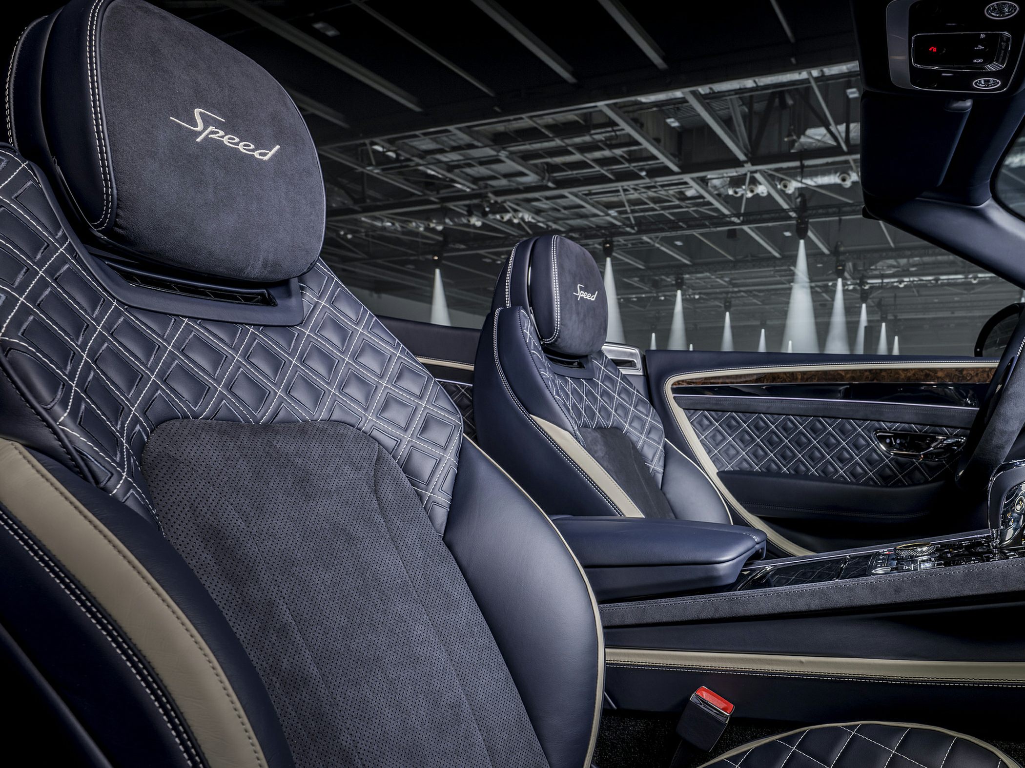Quilted leather seats with 'Speed' embroidered headrests and detailed door panel stitching.